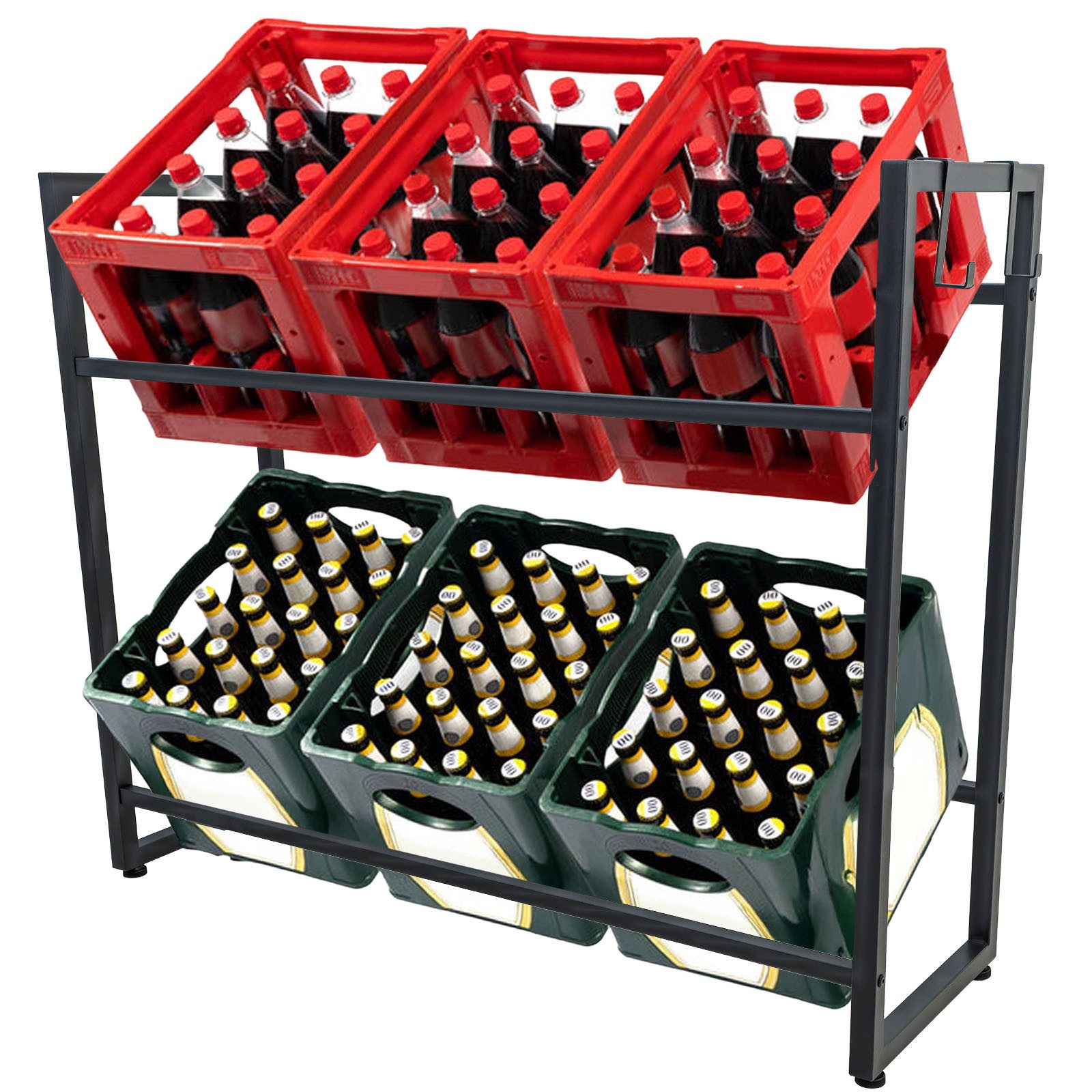 RAMROXX Flaschenregal Kastenregal für 6 Getränkekisten aus Metall + 2 Haken