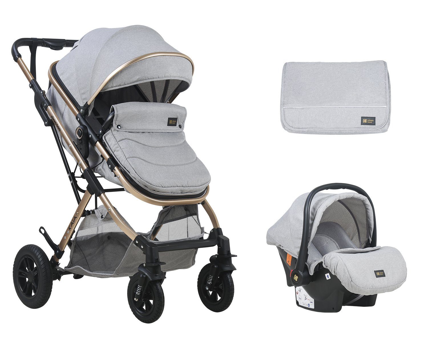 Kikkaboo Kombi-Kinderwagen Kombikinderwagen Kaia 3 in 1, Autositz, Adapter, Babywanne, Sportsitz hellgrau