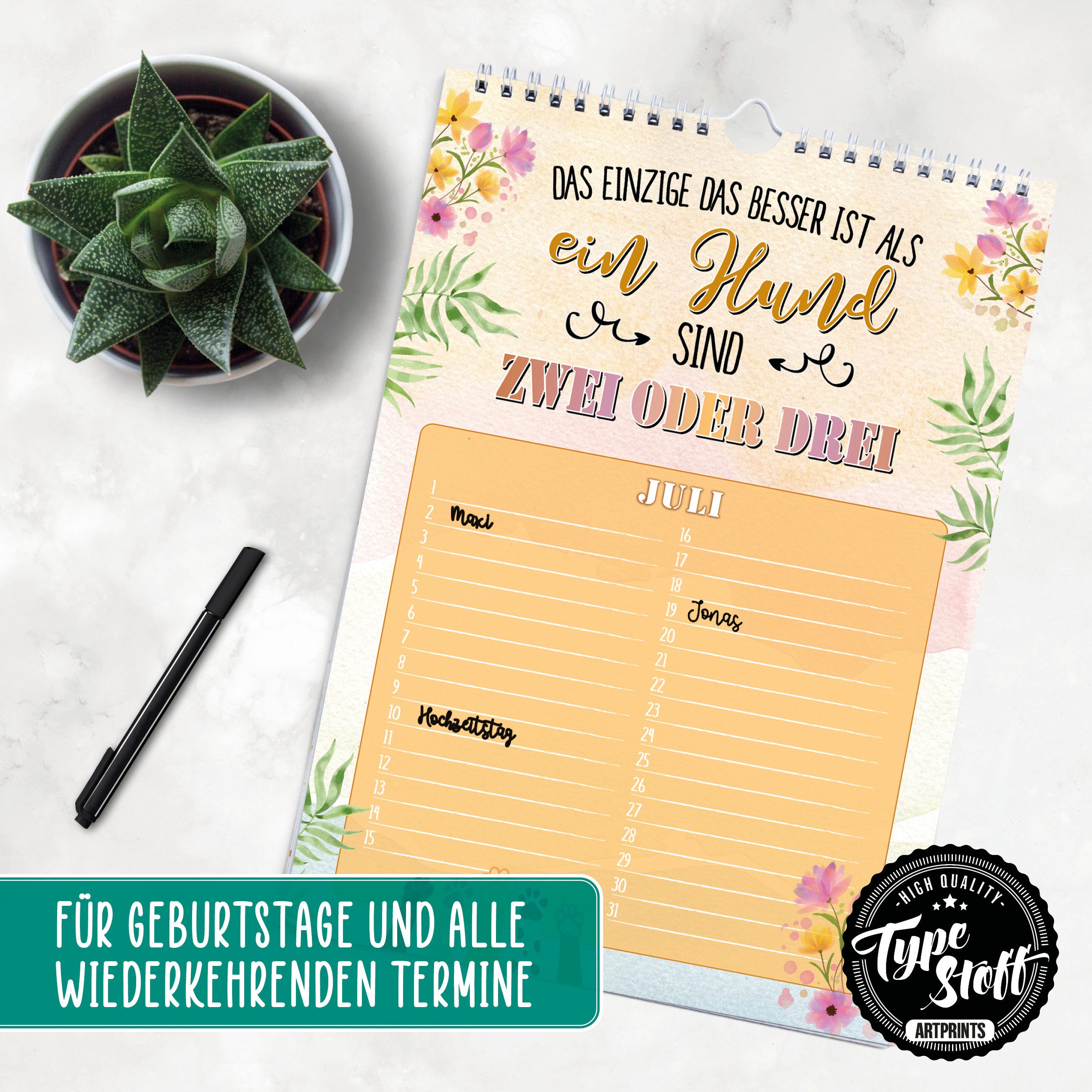 TypeStoff Geburtstagskalender TypeStoff Geburtstagskalender A4 immerwährend Sprüche Spiralbindung, Immerwährendes Kalendarium, Gut beschreibbare Oberfläche