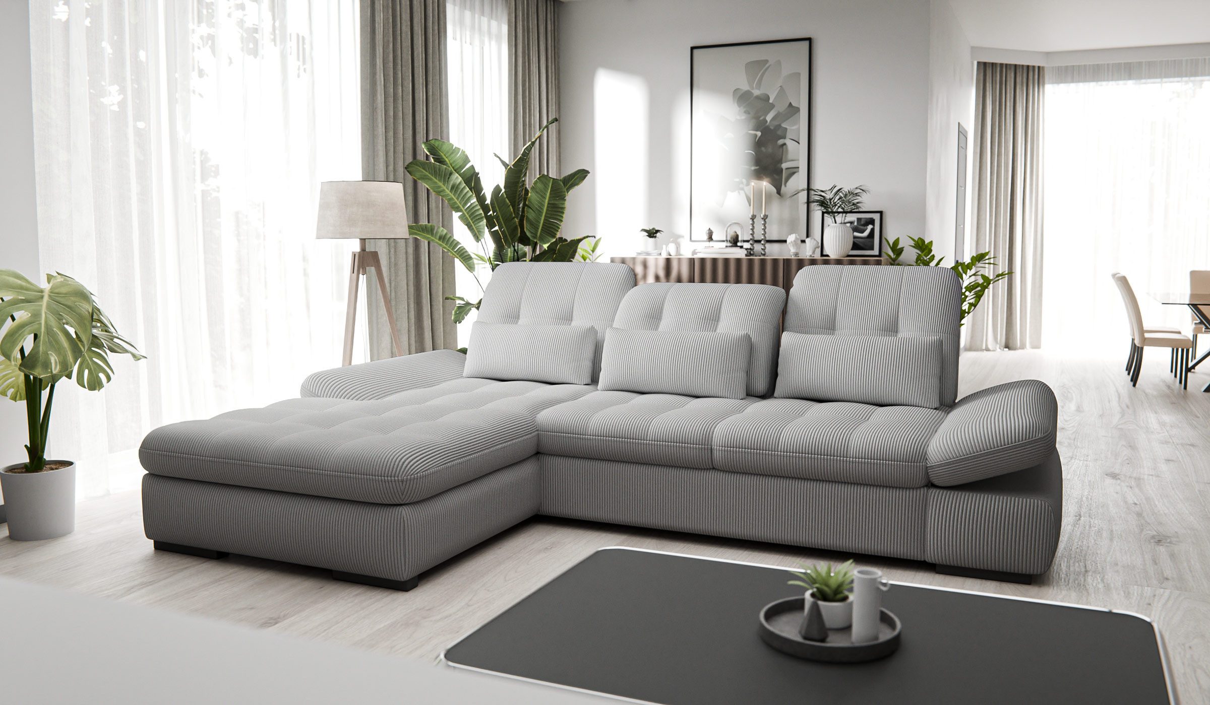 Hygger Möbelhaus Ecksofa Oregon L-Form XXL 300x200, wahlweise mit Schlaffunktion und Bettkasten, Polsterecke Inkl. Sitztiefenverstellung, Arm- und Kopfteilverstellung, 3 Nierenkissen, Hergestellt in Europa