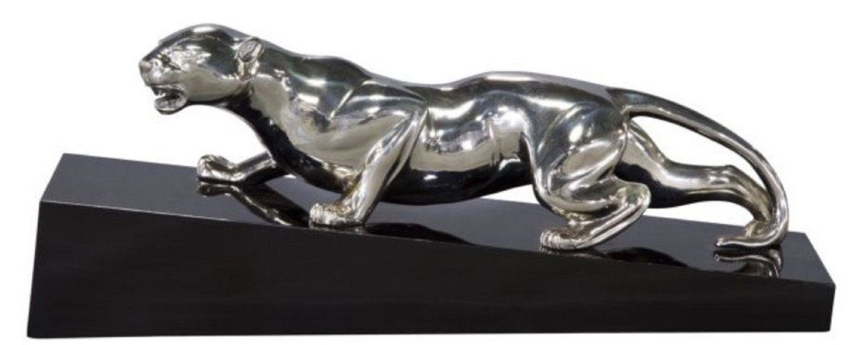 Casa Padrino Dekofigur Luxus Bronzefigur Puma Silber / Schwarz 60 x 17 x H. 20 cm - Elegante Dekofigur auf Holzsockel