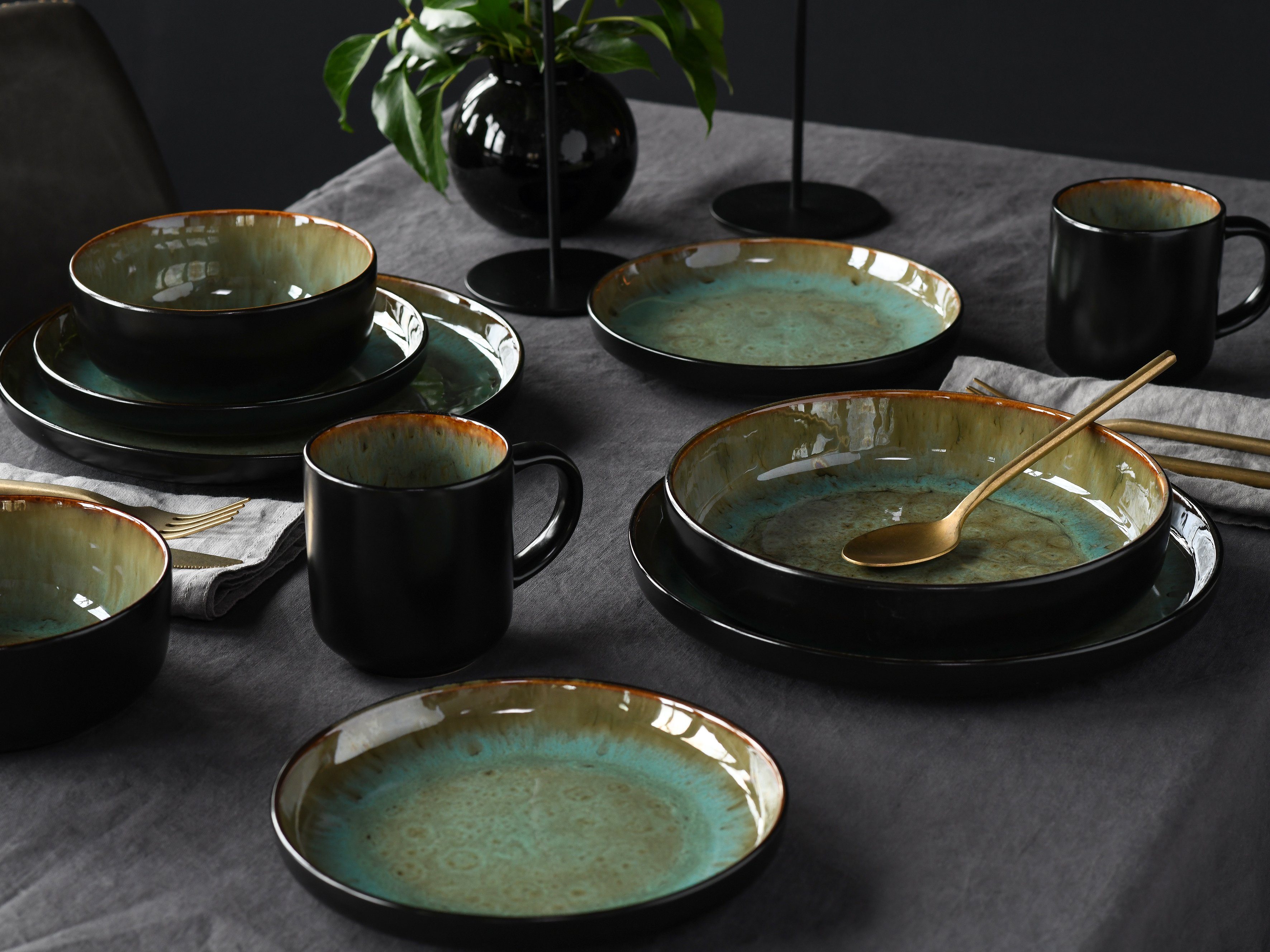 CreaTable Kombiservice Nordic Fjord (10-tlg), 2 Personen, Steinzeug, je 2 Speiseteller, Suppenteller, Dessertteller, Schalen, Kaffeebecher