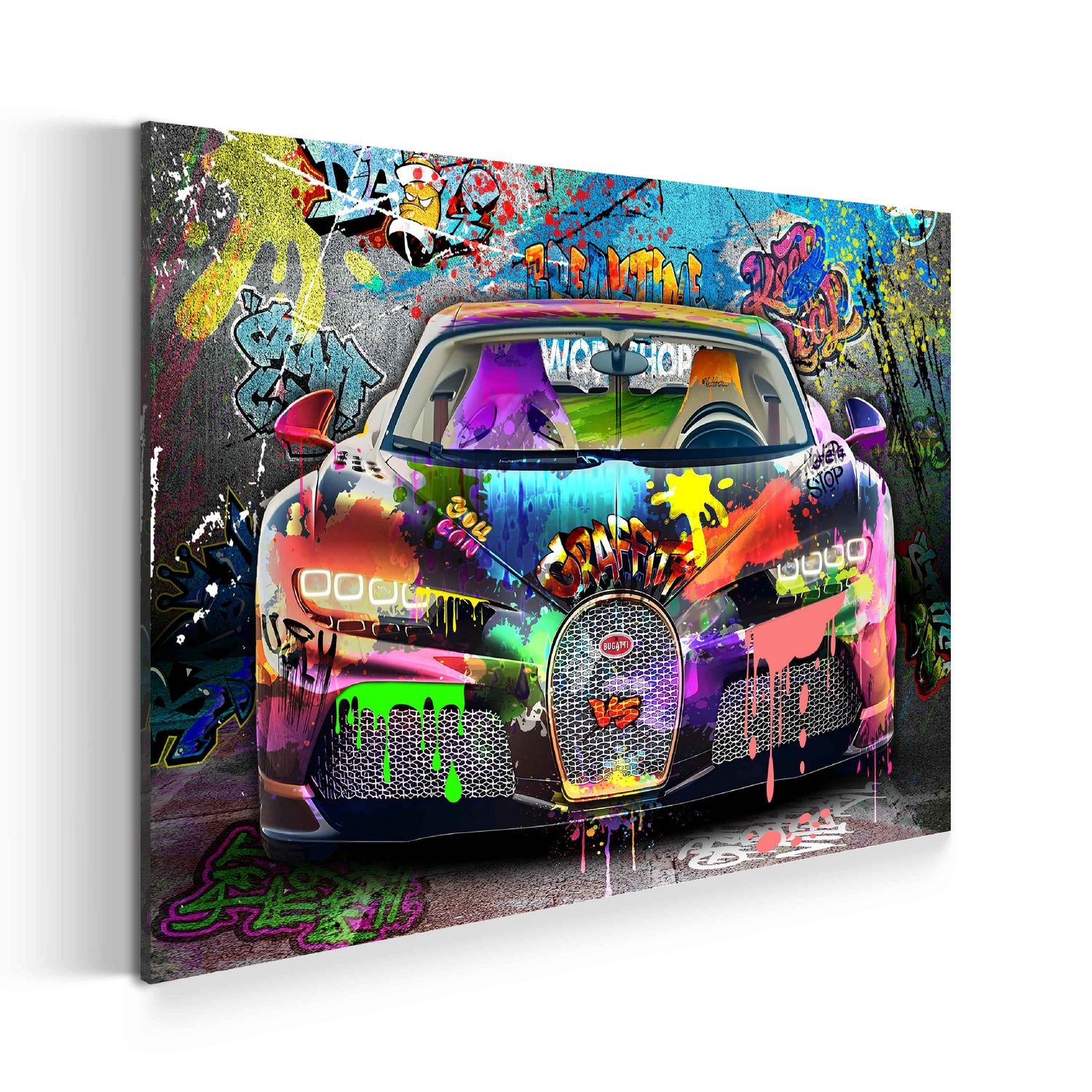 Artedinoi Leinwandbild Bugatti Auto Graffiti Sportwagen Pop Art mit Farbenexplosion Leinwandb, Sportwagen im Graffiti-Look