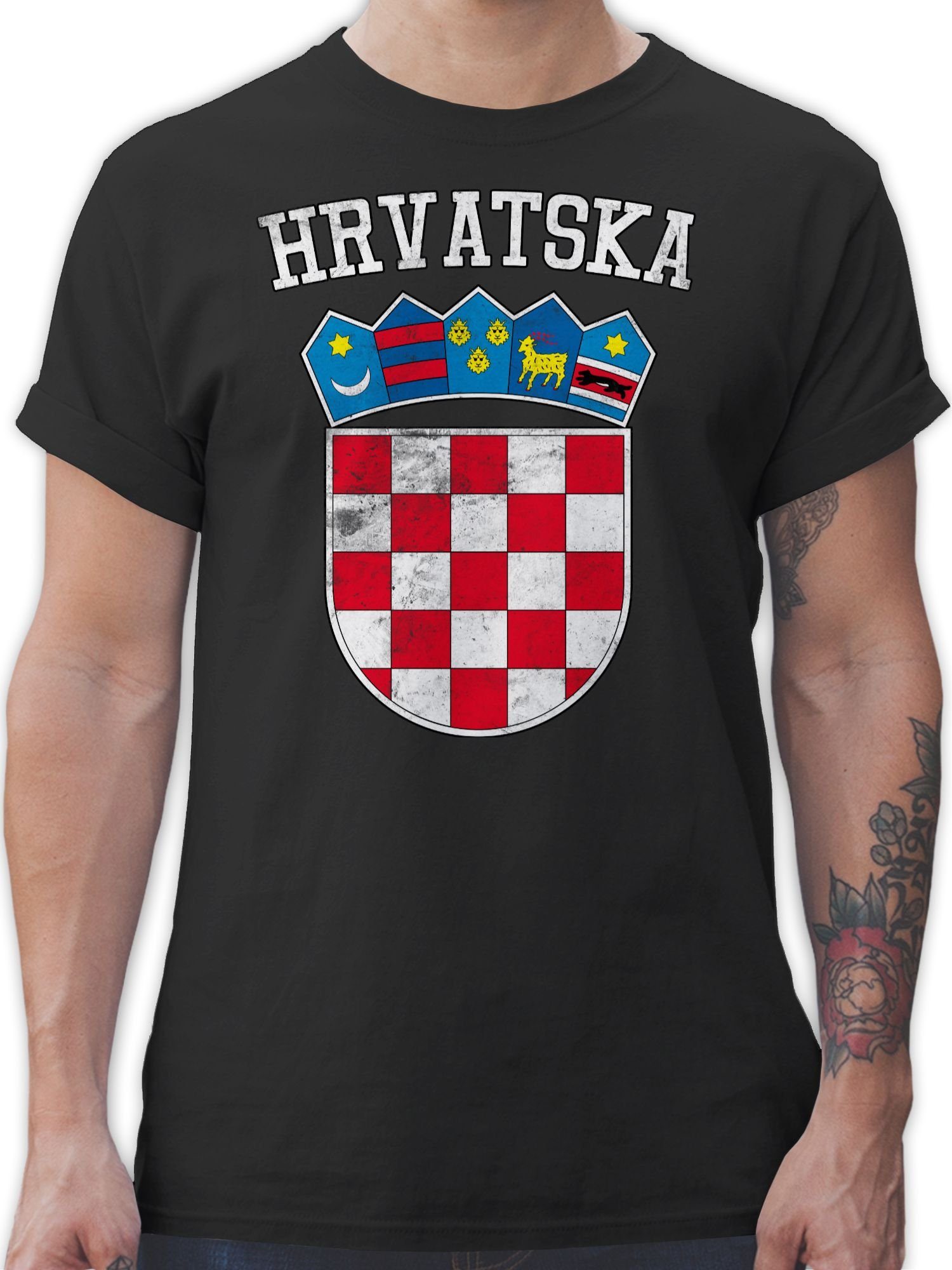 Schwarz Shirtracer EM Wappen 1 WM Fussball Kroatien T-Shirt 2024