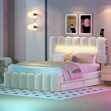 DOPWii Bett 140x200cm Polsterbett mit 4 Schubladen,LED-Lichtleiste,Dimmbar,mit USB und Stereoanlage,Polsterbet Bett,Grau/Beige