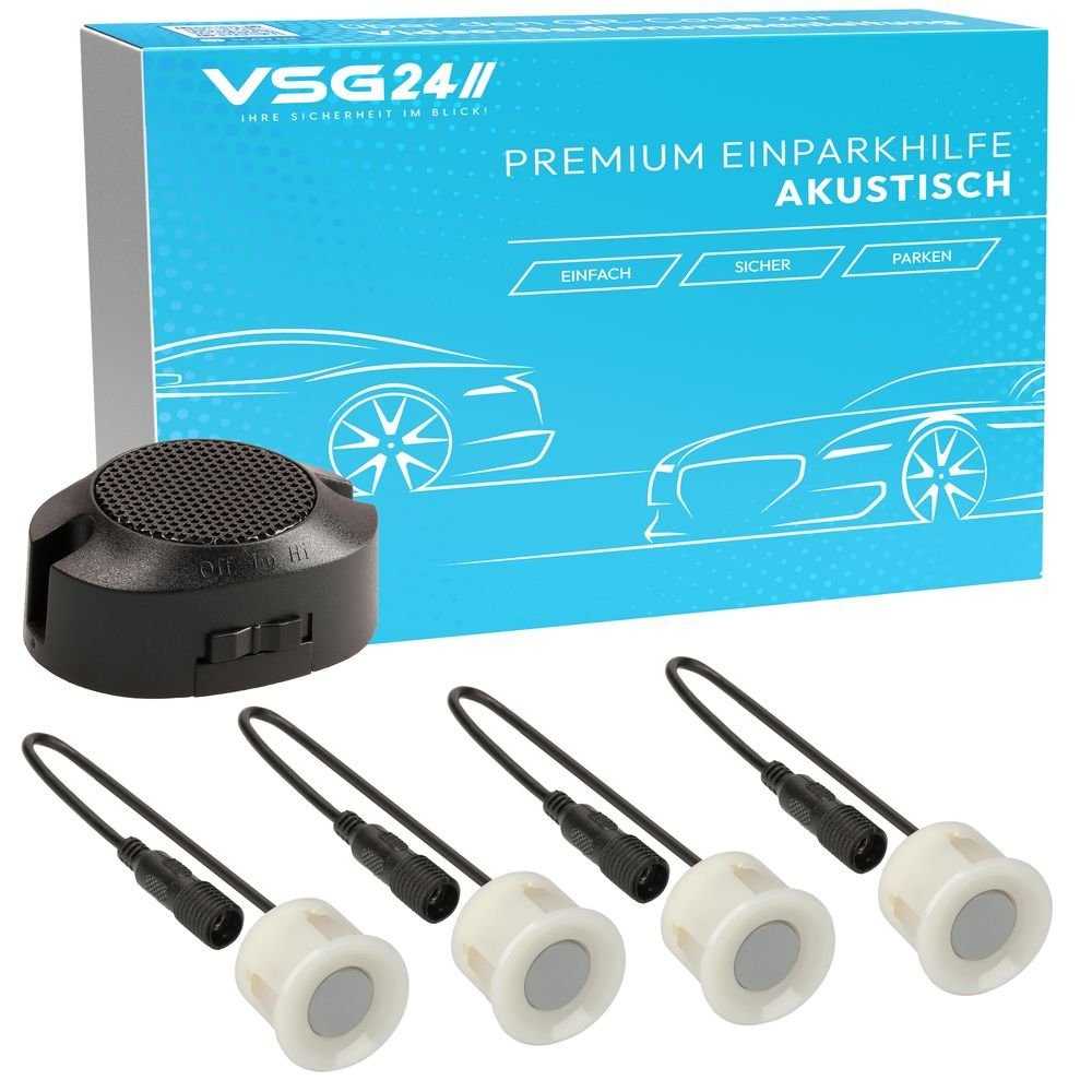 VSG24 Akustische Premium Einparkhilfe ECHO PLUS Parkhilfe zum nachrüsten PDC Rückfahrkamera (Rückfahrwarner mit Lautsprecher & 4 Sensoren Stecksystem Nachrüstsatz)