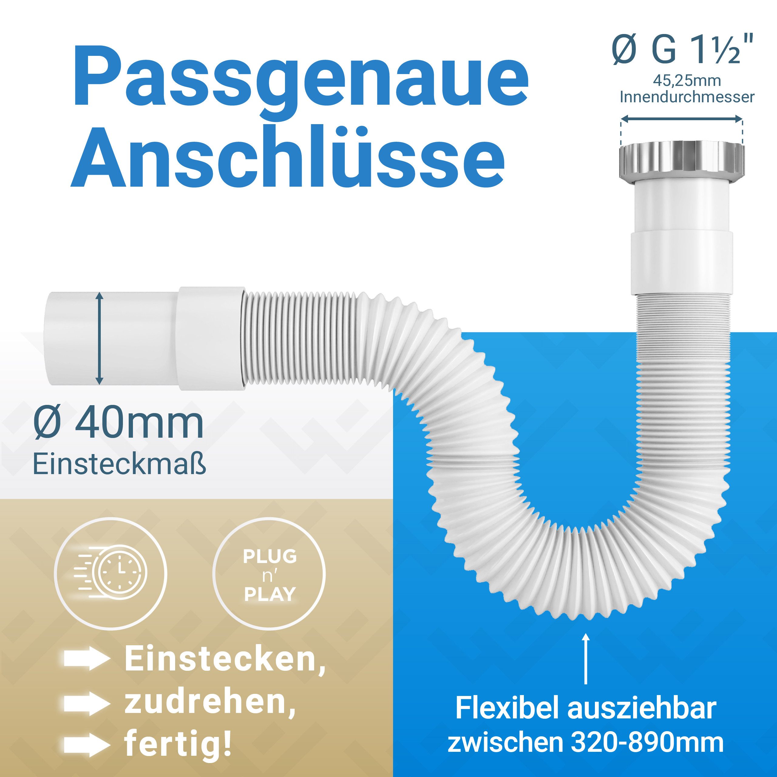 Lobenswerk Siphon SuperFlex Ablaufgarnitur, Geruchsverschluss, ausziehbar 320-890mm, mit Aluminium Mutter, flexibler Ablaufschlauch