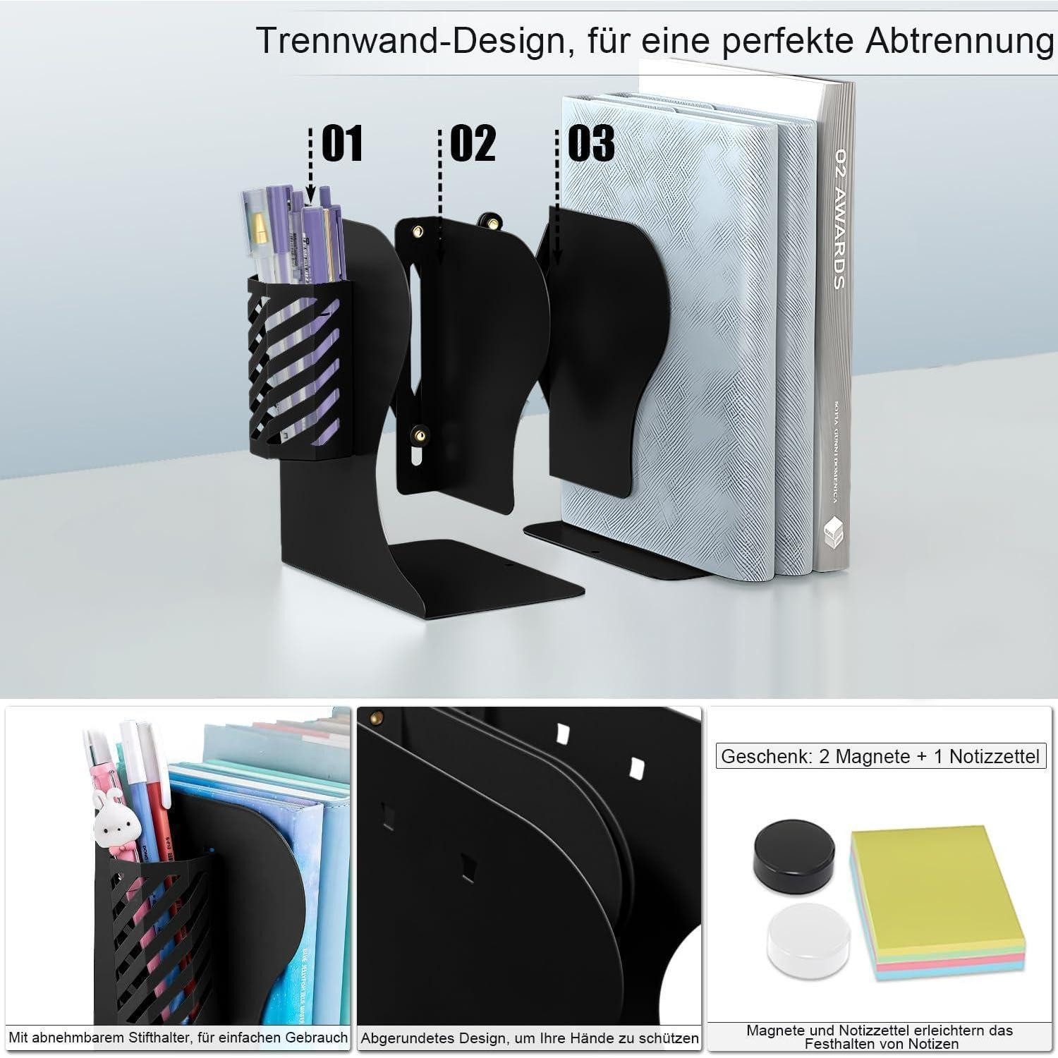 LuxusKollektion Buchstütze Buchstützen verstellbar Stifthalter Metall Schwarz mit Stifthalter