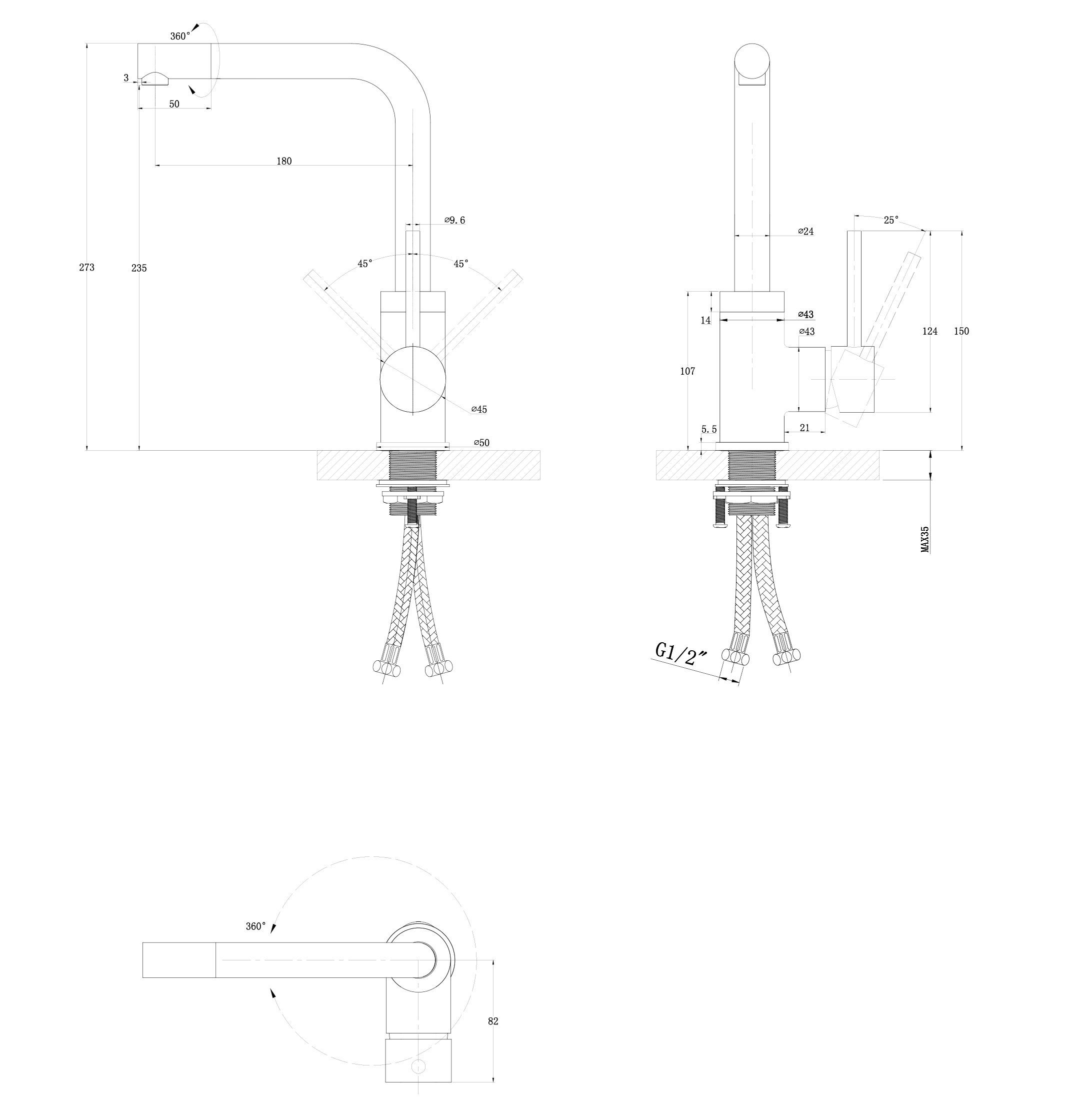 GURARI Küchenarmatur Hochdruck, Messing-Armatur, 5553-601 Modern, 360°, Wasserhan Schwenkbereich (1-St)