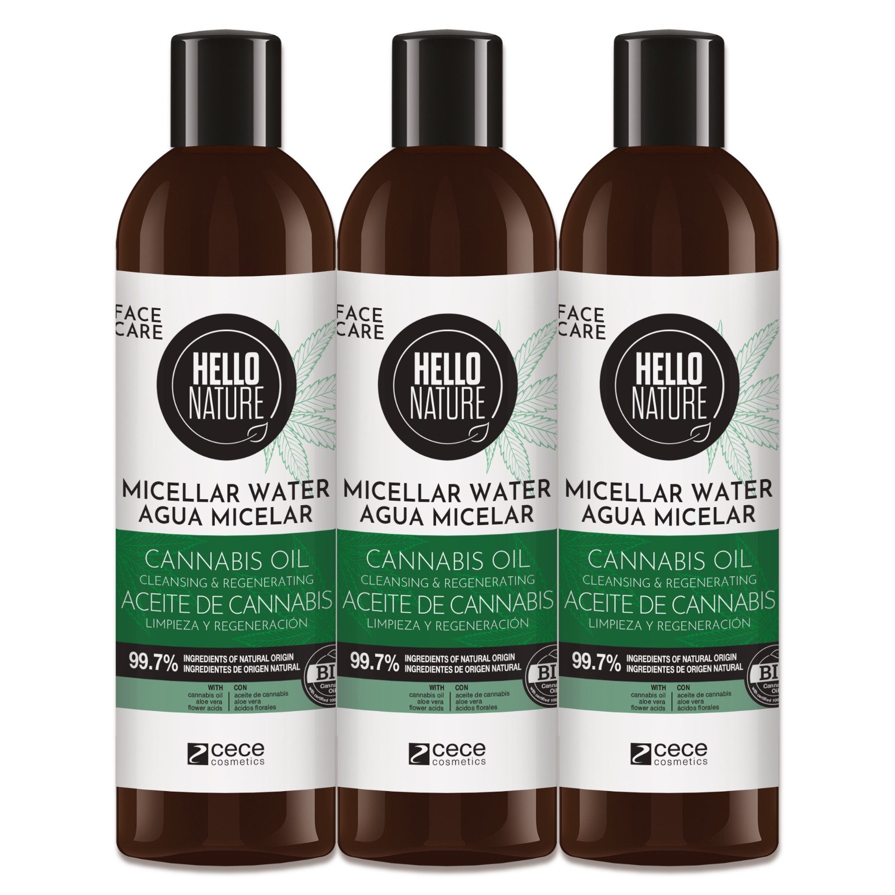 Hello Nature Make-up-Entferner Mizellenwasser Gesicht Cleanser Hanföl Gesichtsreinigung Hello Nature, 3-tlg., Mizellenwasser, Gesichtsreinigung, Gesichtspflege, Make-up