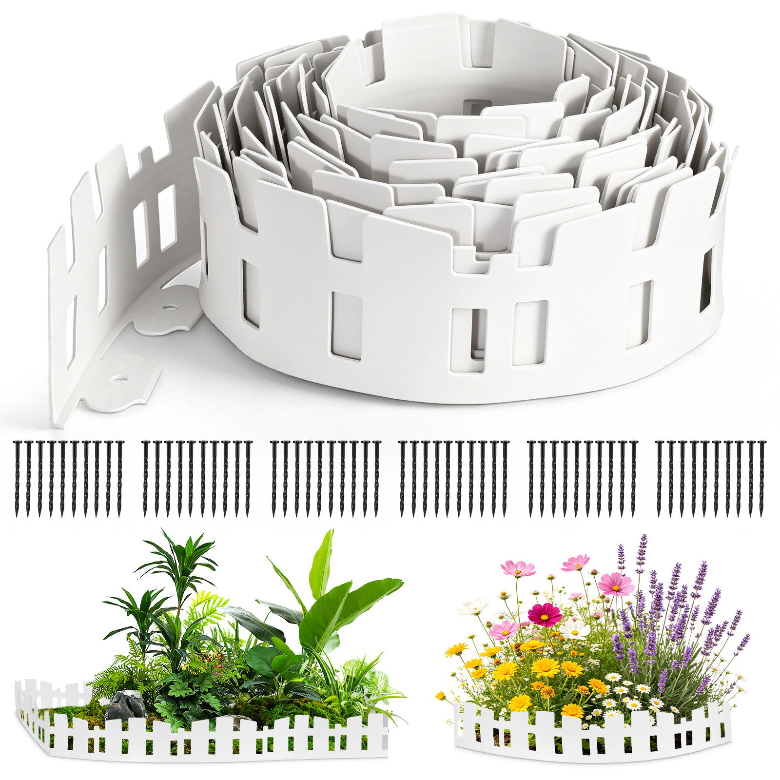 BlingBin Beetumrandung 10 m flexible Rasenkante aus verdicktem Kunststoff mit 60 Erdankern, 1er Set, 10M x 11.8cm, zur Beetbegrenzung und Beetumrandung