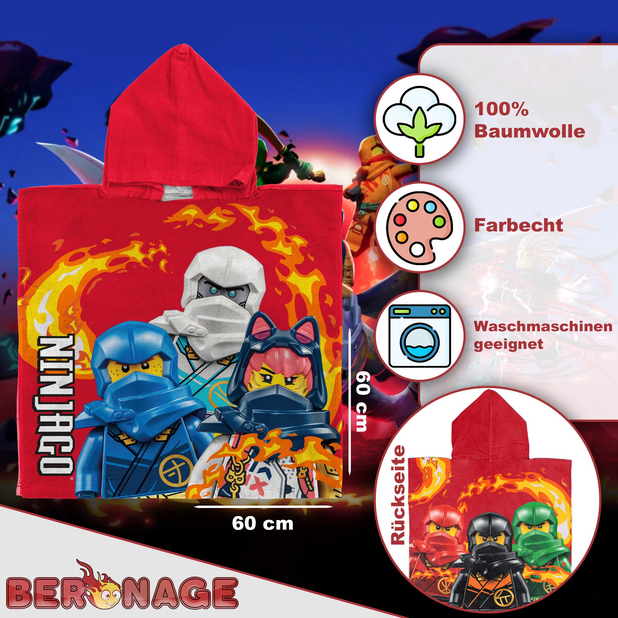 BERONAGE Kapuzenhandtuch LEGO Ninjago Kinder Kapuzen Bade-Poncho Rot 60x120 cm Bademantel, (1-St), Frottee in Velours-Qualität