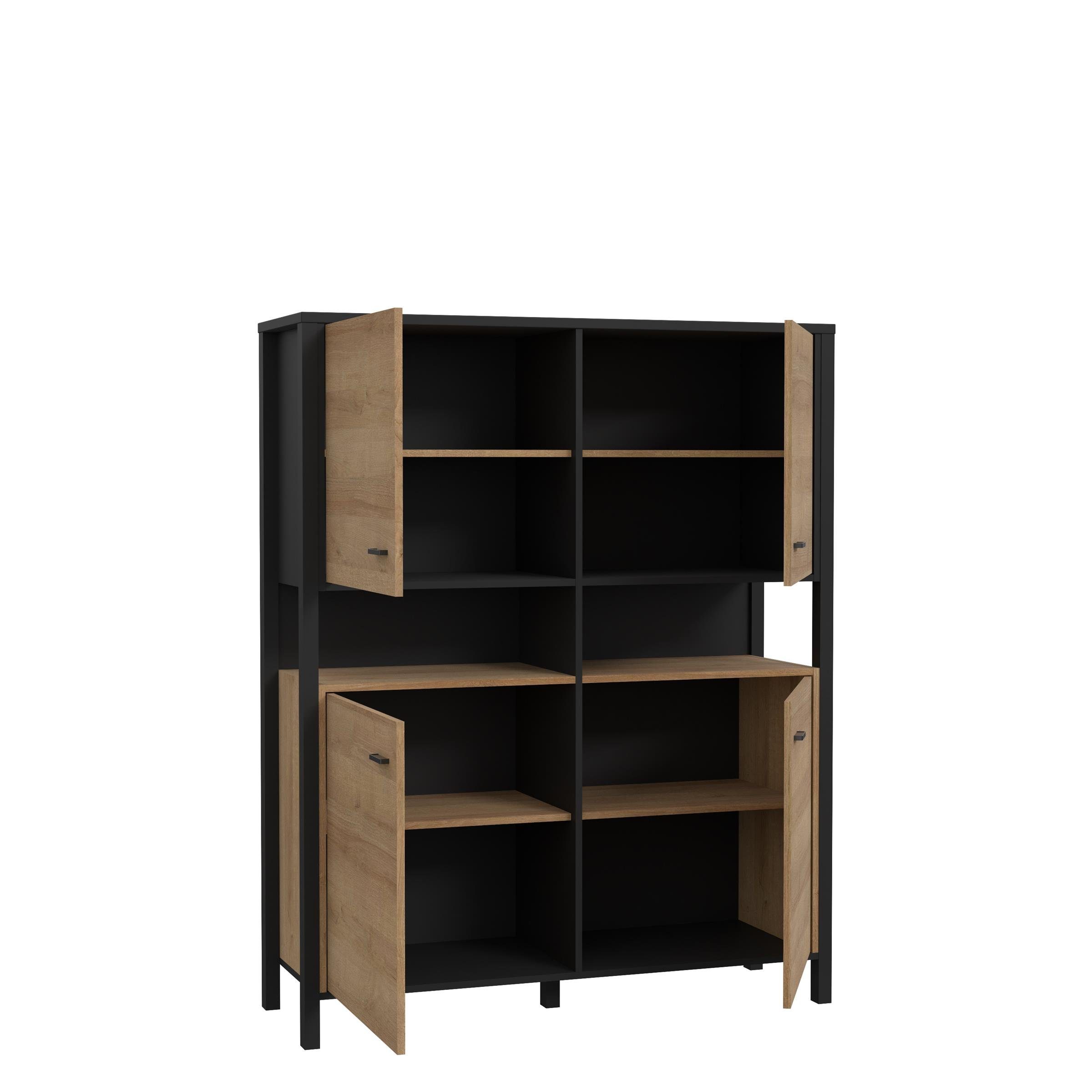 4 Riviera Holztüren, Aktenschrank Breite möbelando cm 152,3 mit aus Eiche Spanplatte 4 Gestell 121,3 Tiefe Schwarz Hialeah Höhe und Einlegeböden in im cm, in Fächern. Industrial-Design Schrank 40,2 cm, offenen 2 Nachbildung,