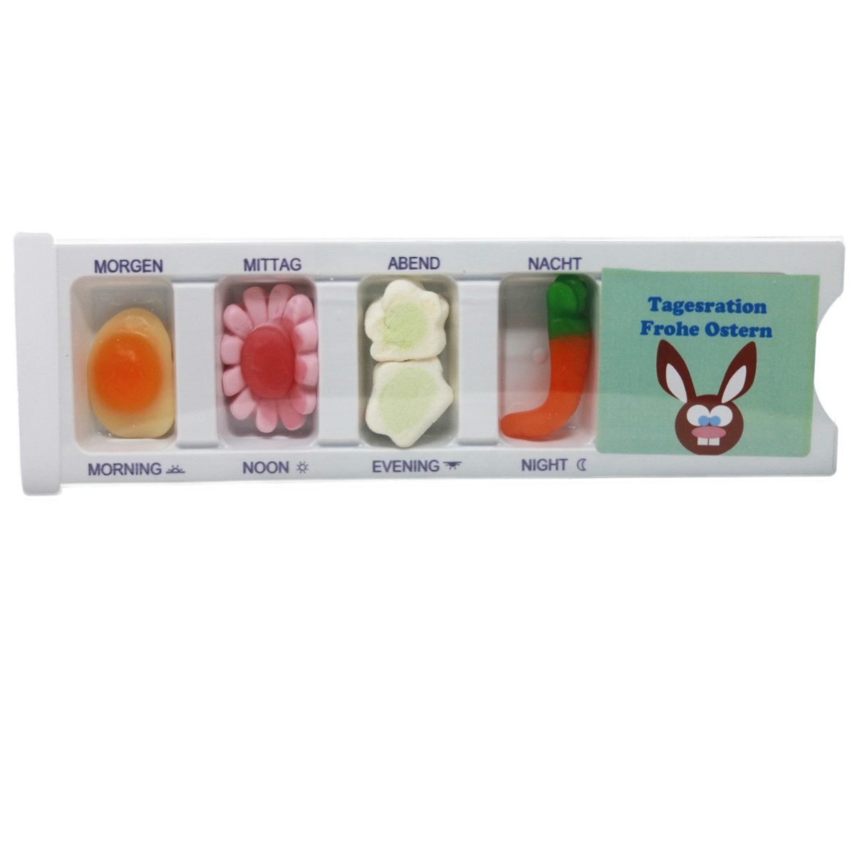 Fruchtgummi Bären & Co. Süßigkeit, Tablettenbox Frohe Ostern Osterhase mit Fruchtgummi Scherzartikel 25g