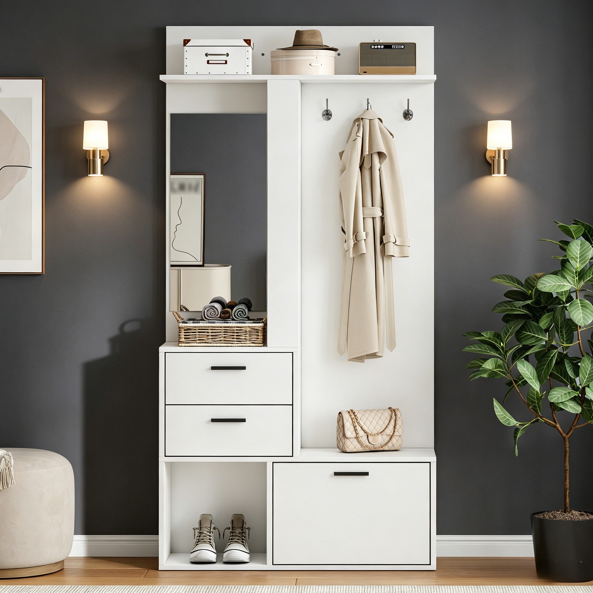 Merax Garderobenständer Flurgarderobe mit Spiegel und Klapptür, 90x30x180 cm, (1 St), Garderobenschrank mit 2 Schubladen, 3 Haken und Schuhschrank – Bild 2 von 5