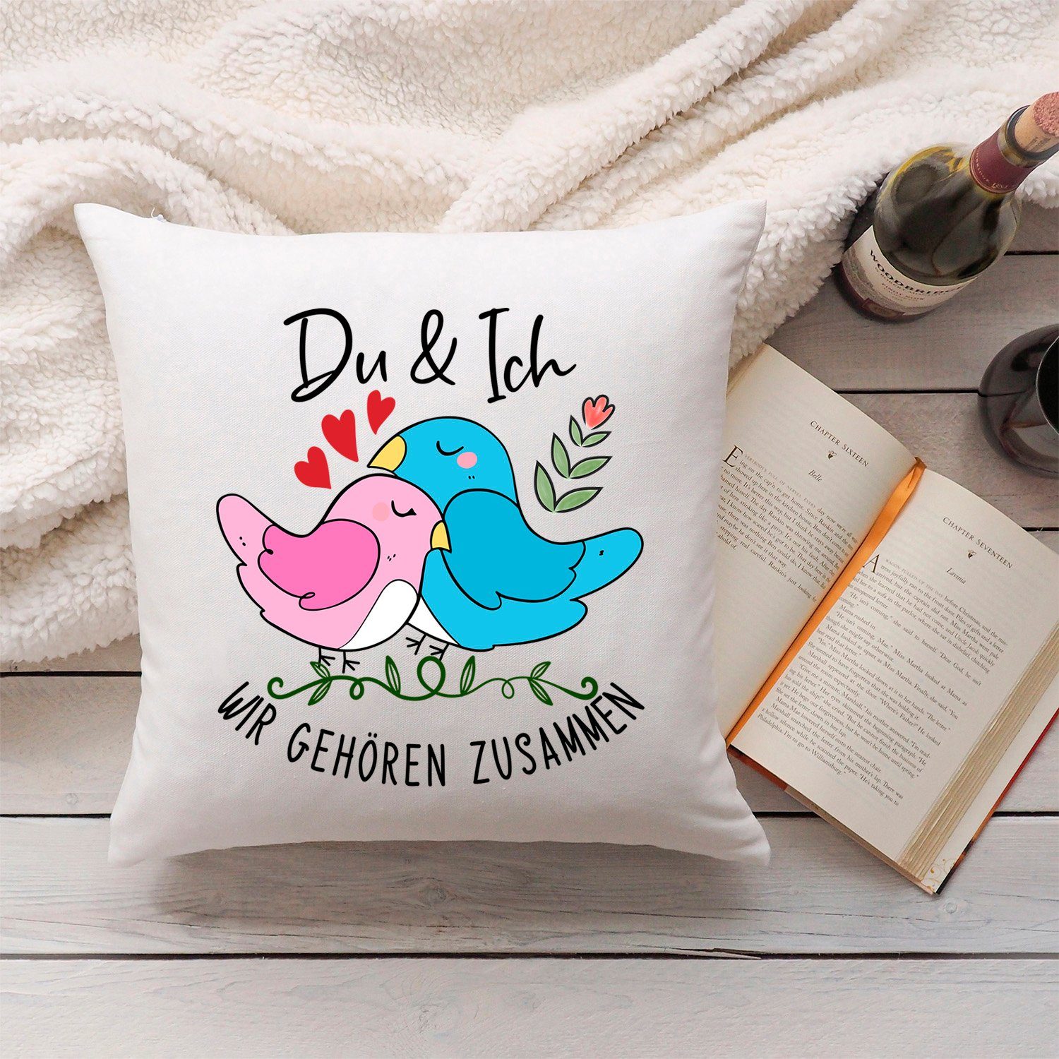 GRAVURZEILE Zierkissen mit Spruch - Du & Ich wir gehören zusammen - Geschenk zu Valentinstag, starke Farben ohne verblassen, Maschinenwäsche geeignet - mit Füllung