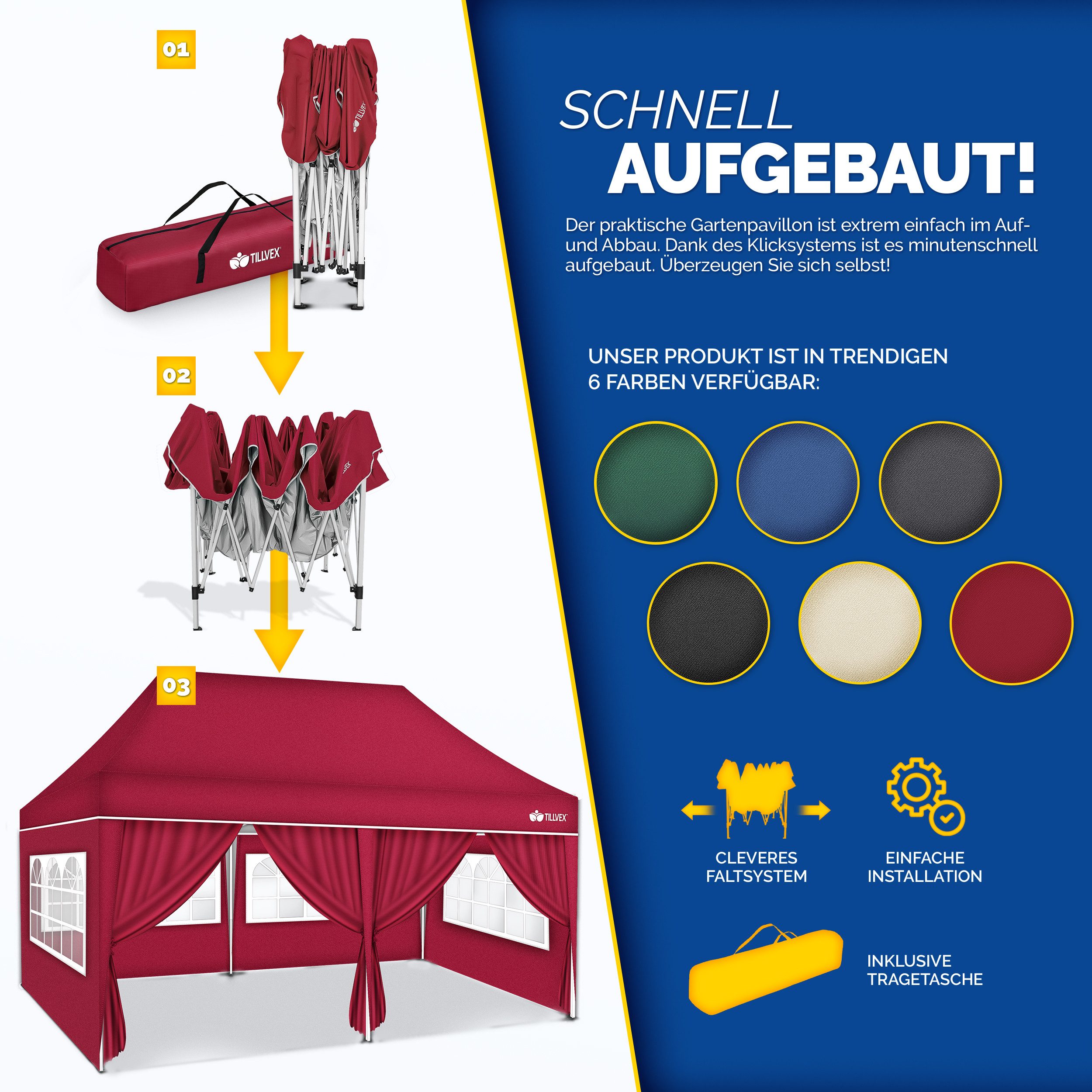 tillvex Pavillon tillvex® Pavillon 3x6m Wasserdicht Gartenzelt Faltpavillon Partyzelt, (Pavillon 3x6m wasserdicht, Gartenzelt UV Schutz 50), Partyzelt mit Tasch – Bild 4 von 5