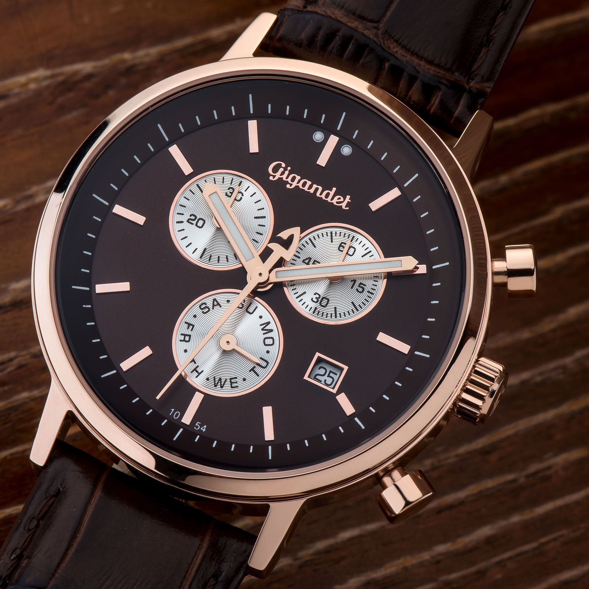 Gigandet Chronograph Armbanduhr, Herrenuhr, 24-Std. Anzeige, 41mm, CLASSICO G6-009, Mineralglas, Datumsanzeige, Lederband, 5bar/50m wasserdicht