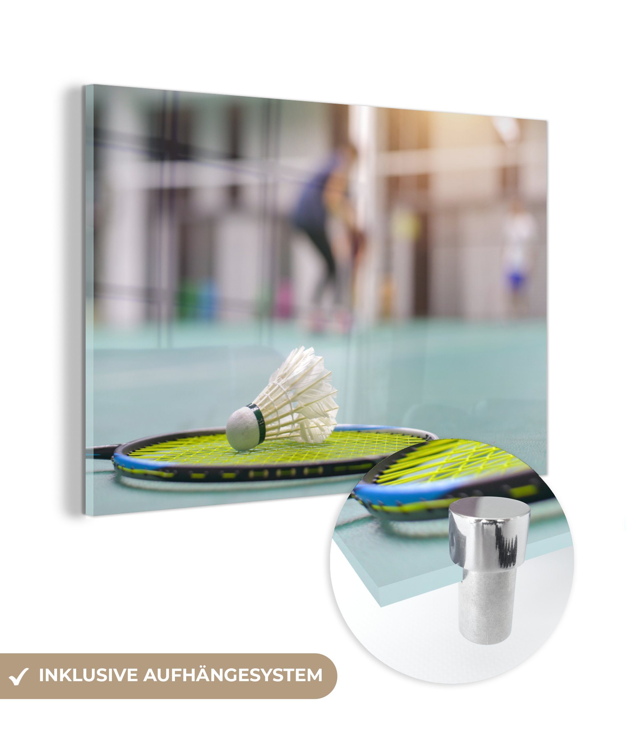 MuchoWow Acrylglasbild Ein Badmintonschläger mit Shuttle liegt in einer Sporthalle, (1 St), Acrylglasbilder Wohnzimmer & Schlafzimmer