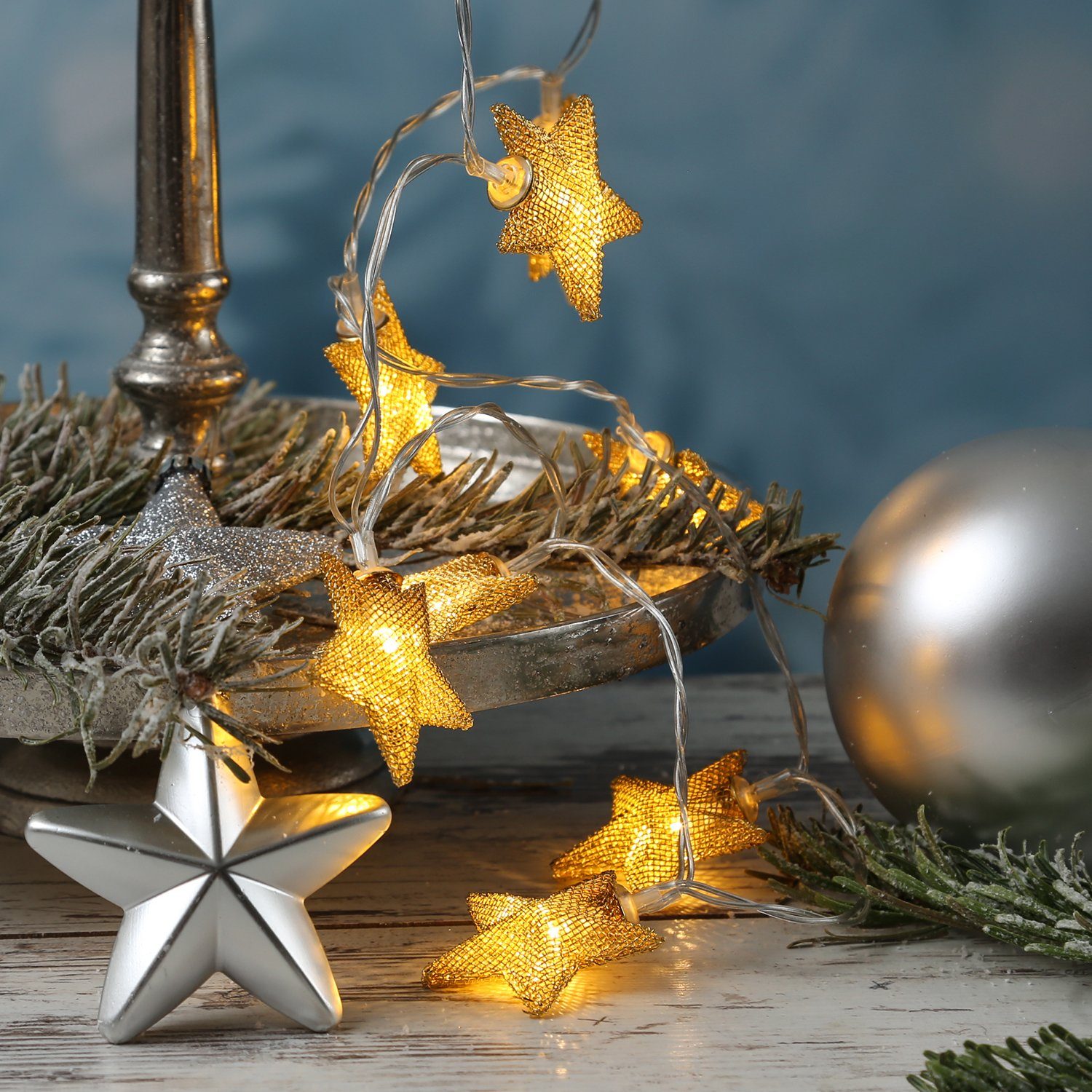 MARELIDA LED-Lichterkette 10 goldene Sterne beleuchtet Dekolichterkette  Weihnachten 0,9m, 10-flammig