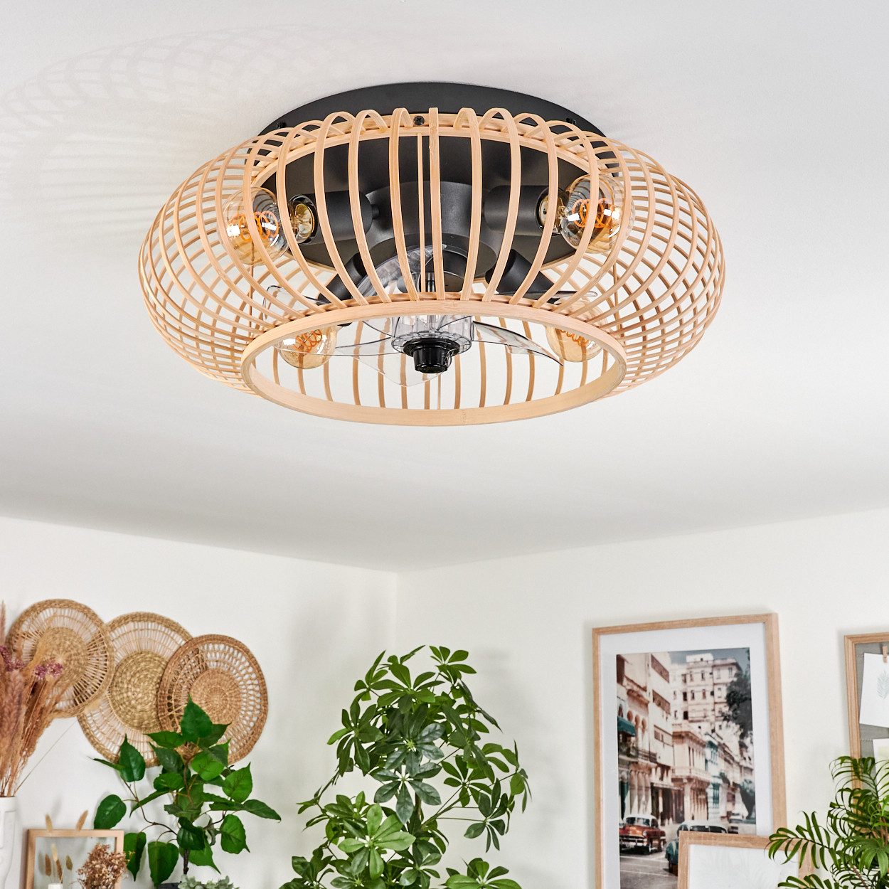 hofstein Deckenleuchte Deckenventilator mit Beleuchtung aus Metall/Bambus, Fernbedienung, ohne Leuchtmittel, Auf-/Abwind-Funktion, Lichteffekt, Ø 50cm, 4xE27, ohne Leuchtmittel