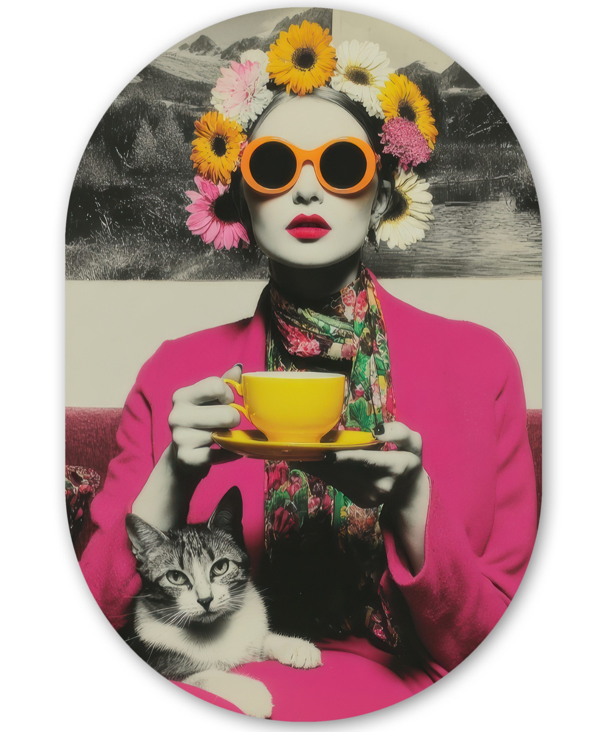 Frau - Katze - Blumen - Tasse - Retro