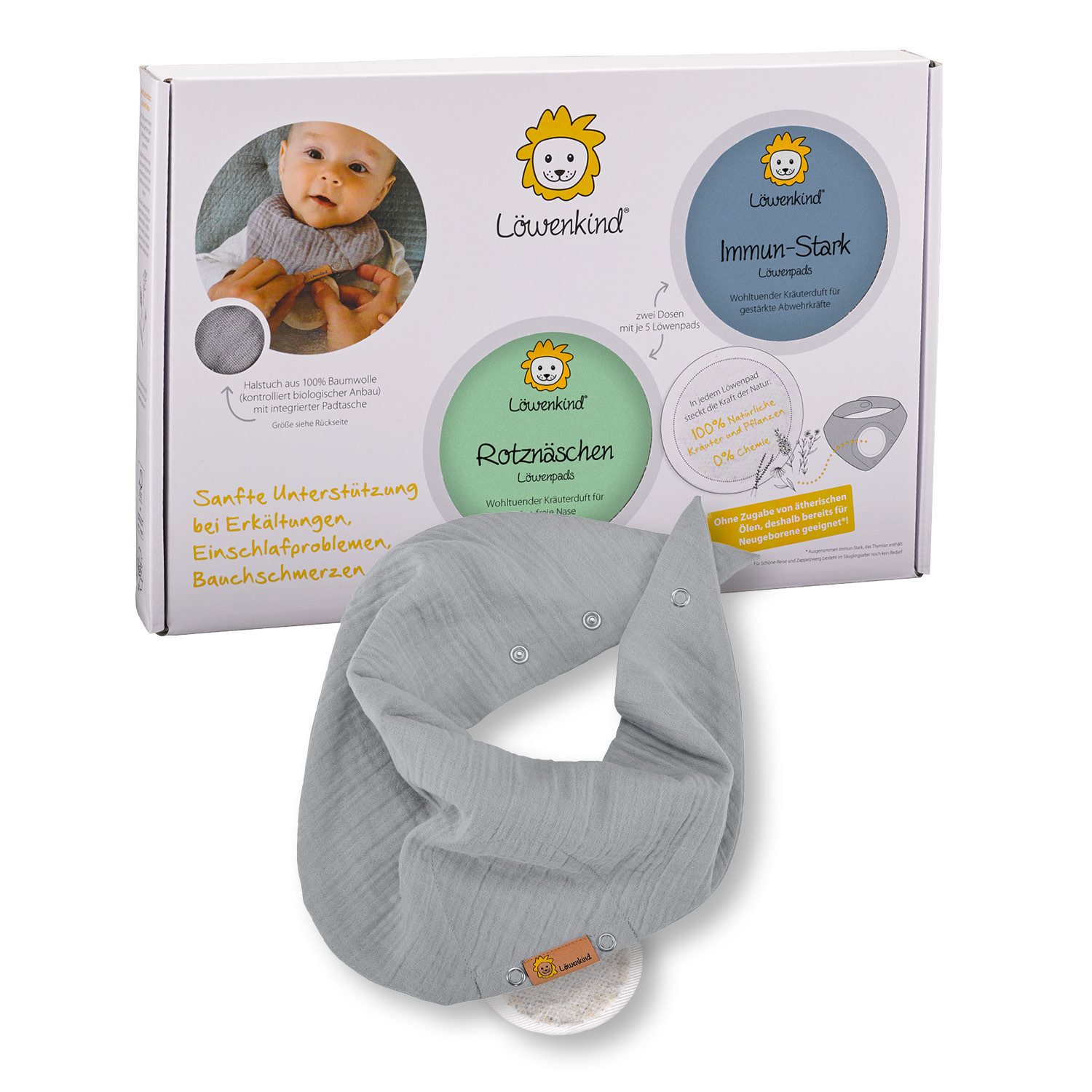 Löwenkind Слюнявчики Einsteigerbox mit Halstuch "Medi" Grau, Rotznäschen und Immun-Stark, (Einsteiger-Set, 3-St), Sanfte Unterstützung aus der Natur