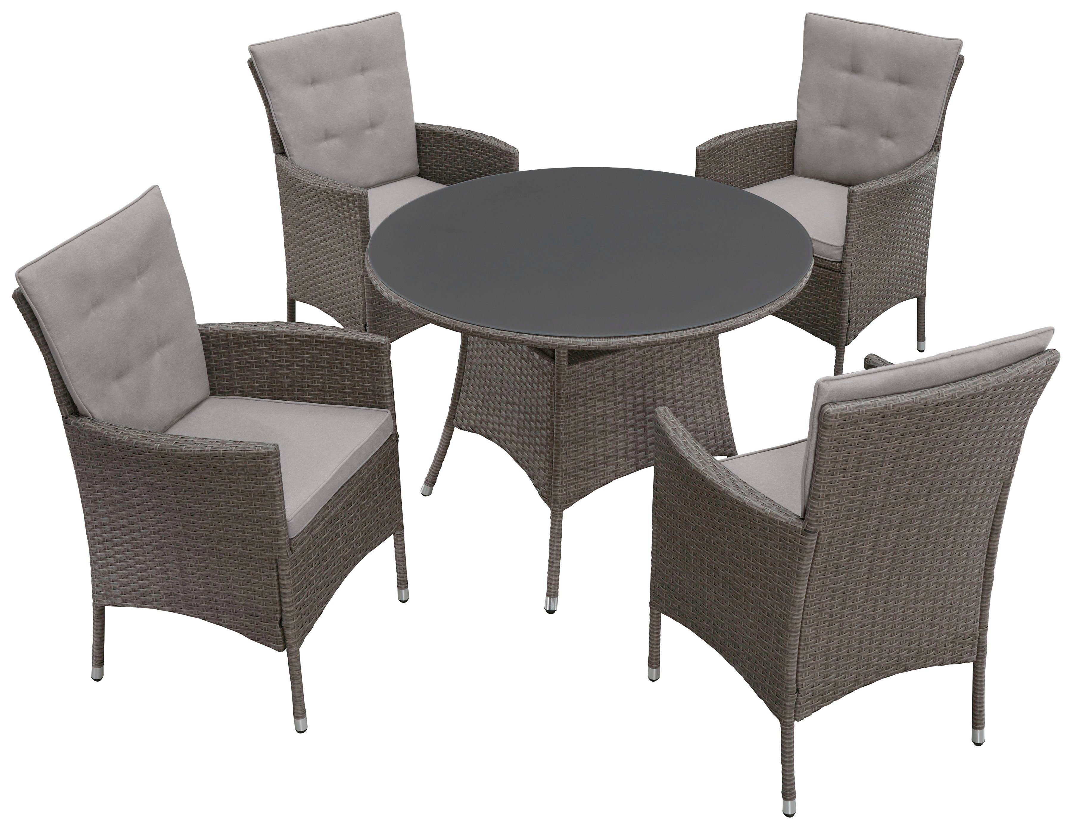 KONIFERA Garten-Essgruppe Mailand, (Set, 13-tlg., 4 Sessel, Tisch Ø 100 cm, inkl. Auflagen), Polyrattan, Stahl, Braun, Tischplatte aus Sicherheitsglas