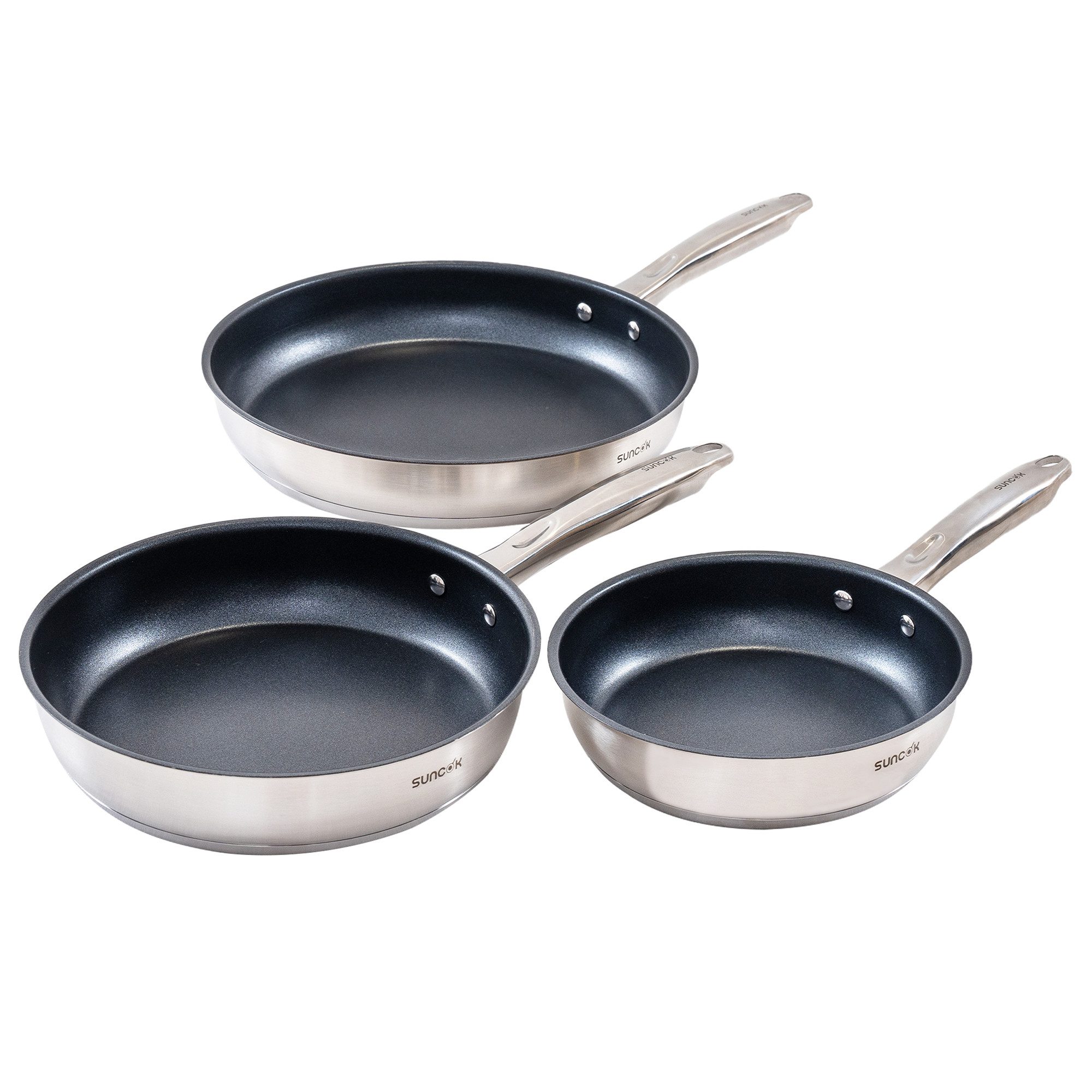 SUNCOK Pfannen-Set Induktion, Bratpfannenset, Edelstahl 18/10 (Set, 3-tlg., je 1x Pfanne 20 cm, 1,4 l; 24 cm, 2,2 l; 28 cm, 3,4 l), Induktionspfanne, Antihaftbeschichtung, Leichte Reinigung