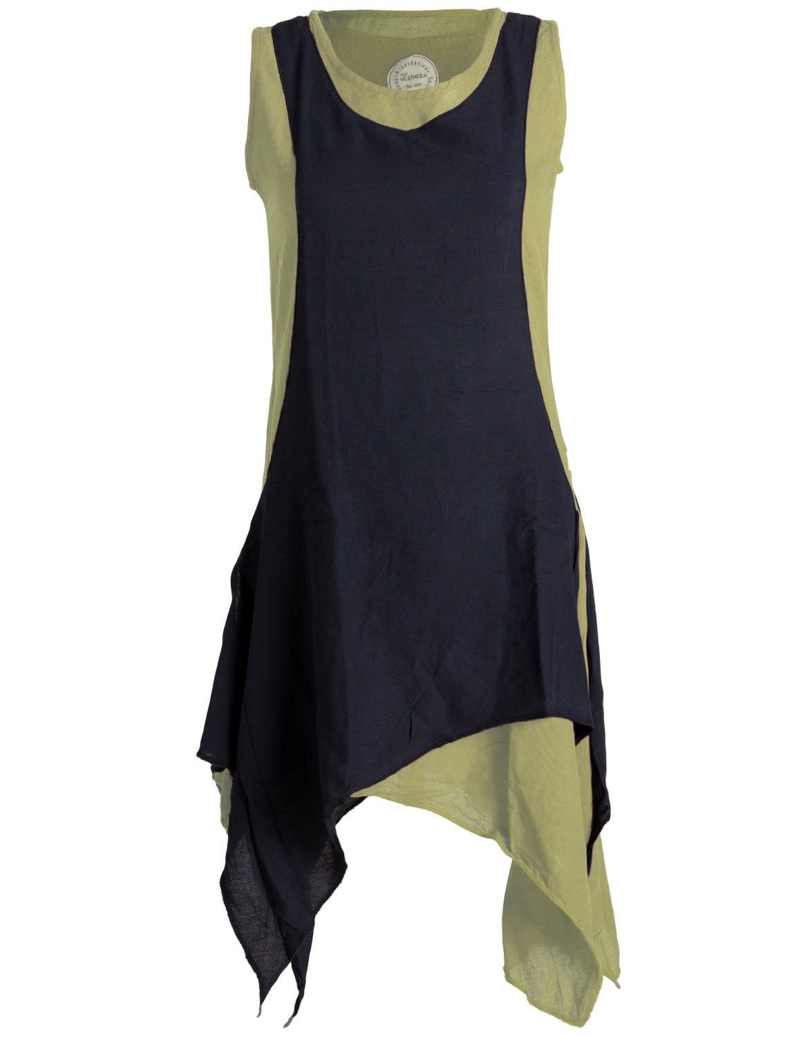 Vishes Sommerkleid Ärmelloses Lagenlook Kleid handgewebte Baumwolle Goa, Boho, Hippie Style olive-schwarz