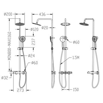 duschspa Duschsystem mit Thermostat und Handbrause Regendusche, Höhe 85-125 cm, 3 Strahlart(en), Komplett-Set, mit 360° drehenbarem Regenduschkopf und höhenverstellbar Duschstange