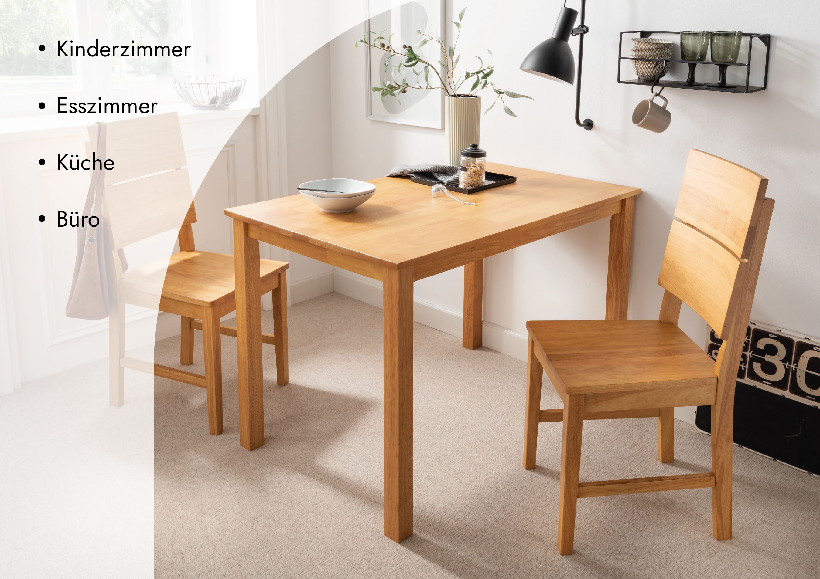 Woodroom Essgruppe Kota, (aus Hevea Massivholz, lackiert, Esstisch 110x70cm mit 2 Stühlen), Stuhl-Set und Tischgruppe für Esszimmer