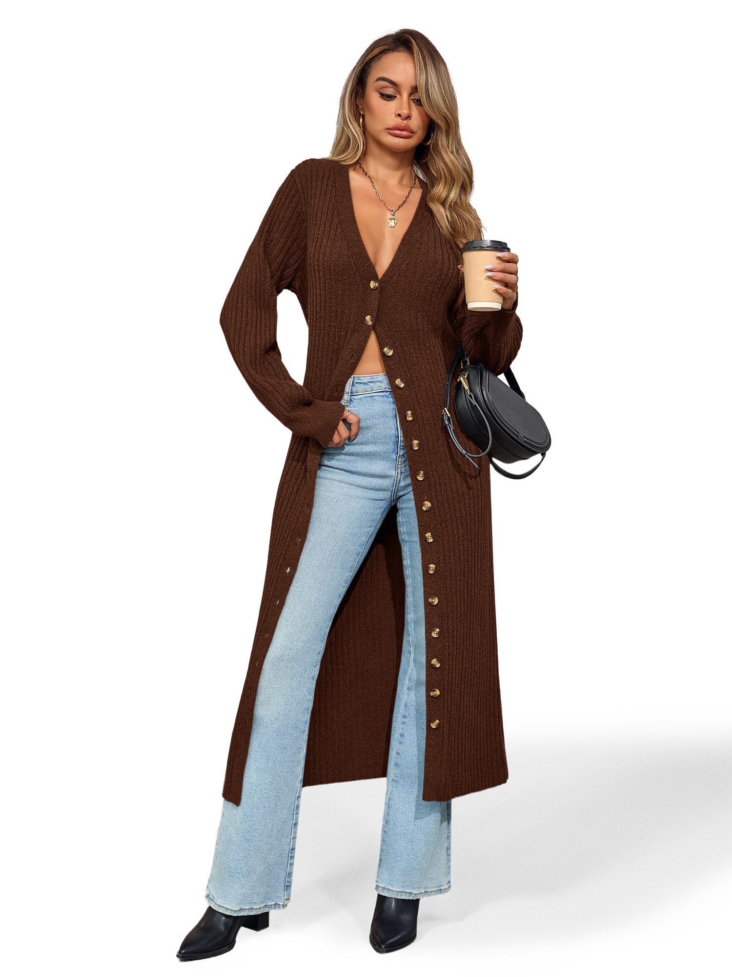 Imily Bela Cardigan Damen Lange Strickjacke mit V-Ausschnitt (Packung, 1-tlg., 1per-Pack) Rippbündchen