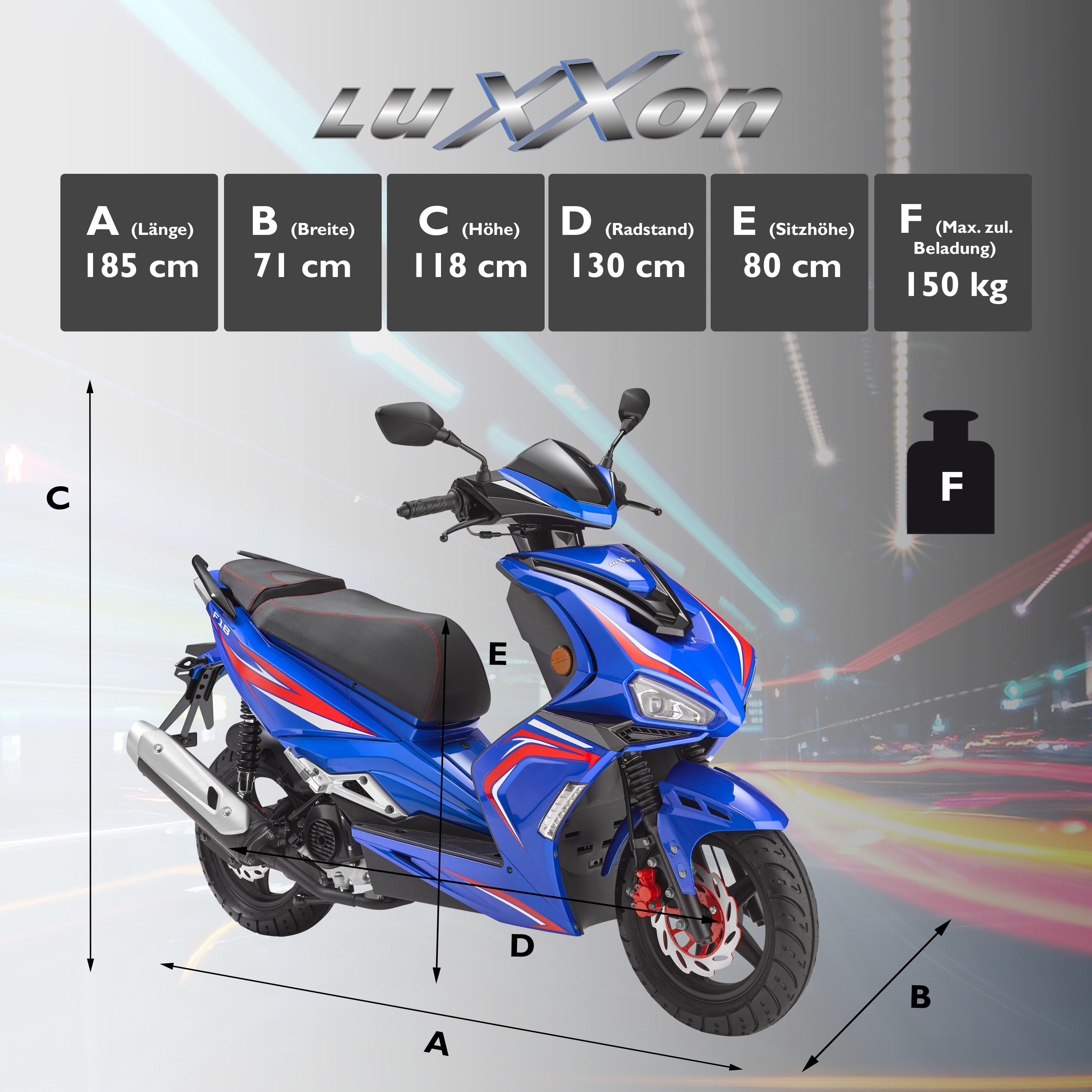 Luxxon Motorroller F18, 50 ccm, 45 km/h, Euro 5, (abschließbares Staufach), 2 Sitzplätze, für Erwachsene, Sportliches Design, 4-Takt Motor