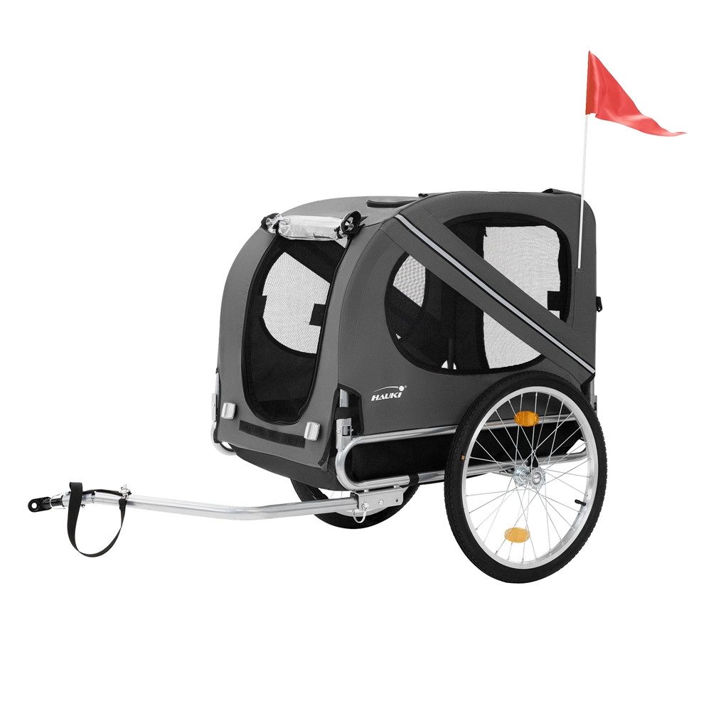 Hauki Fahrradhundeanhänger Fahrradanhänger & Hundebuggy 2in1 klappbar, Hundewagen 130x72x90 cm Grau mit Reflektoren Leine und Flagge bis 40 k