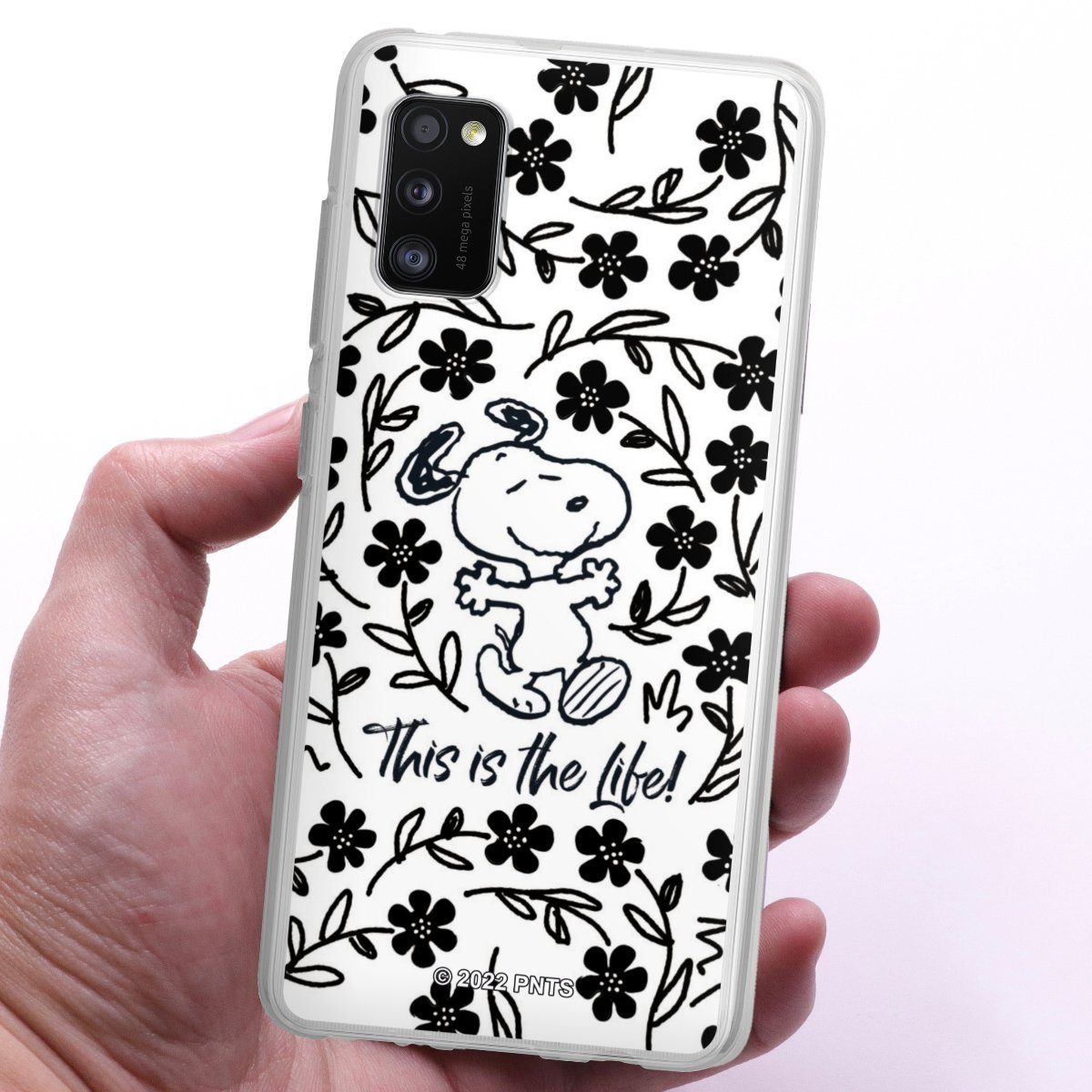 DeinDesign Handyhülle Peanuts Blumen Snoopy Snoopy Black and White This Is The Life, Samsung Galaxy A41 Silikon Hülle Bumper Case Handy Schutzhülle
