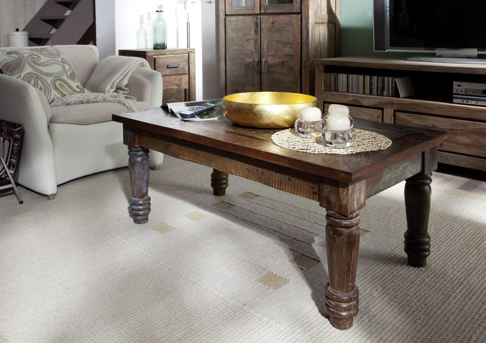 Massivmoebel24 Couchtisch Couchtisch Altholz 110x60x45 mehrfarbig lackiert FABLE #06