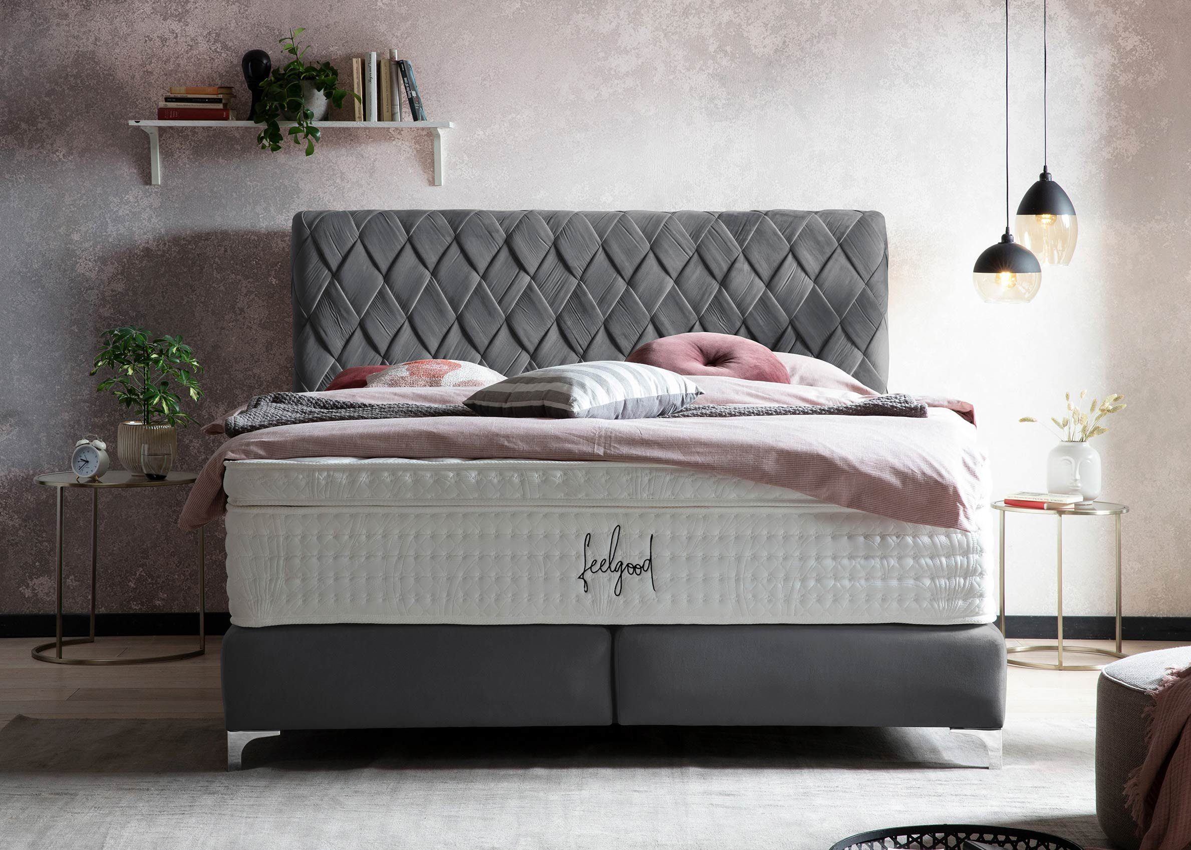 BettCo Boxspringbett Lyon (in Dunkelgrau Velours, 140 x 200 cm), Kopfteil handgeflochten + optionaler Topper, Füße Chrom-Optik