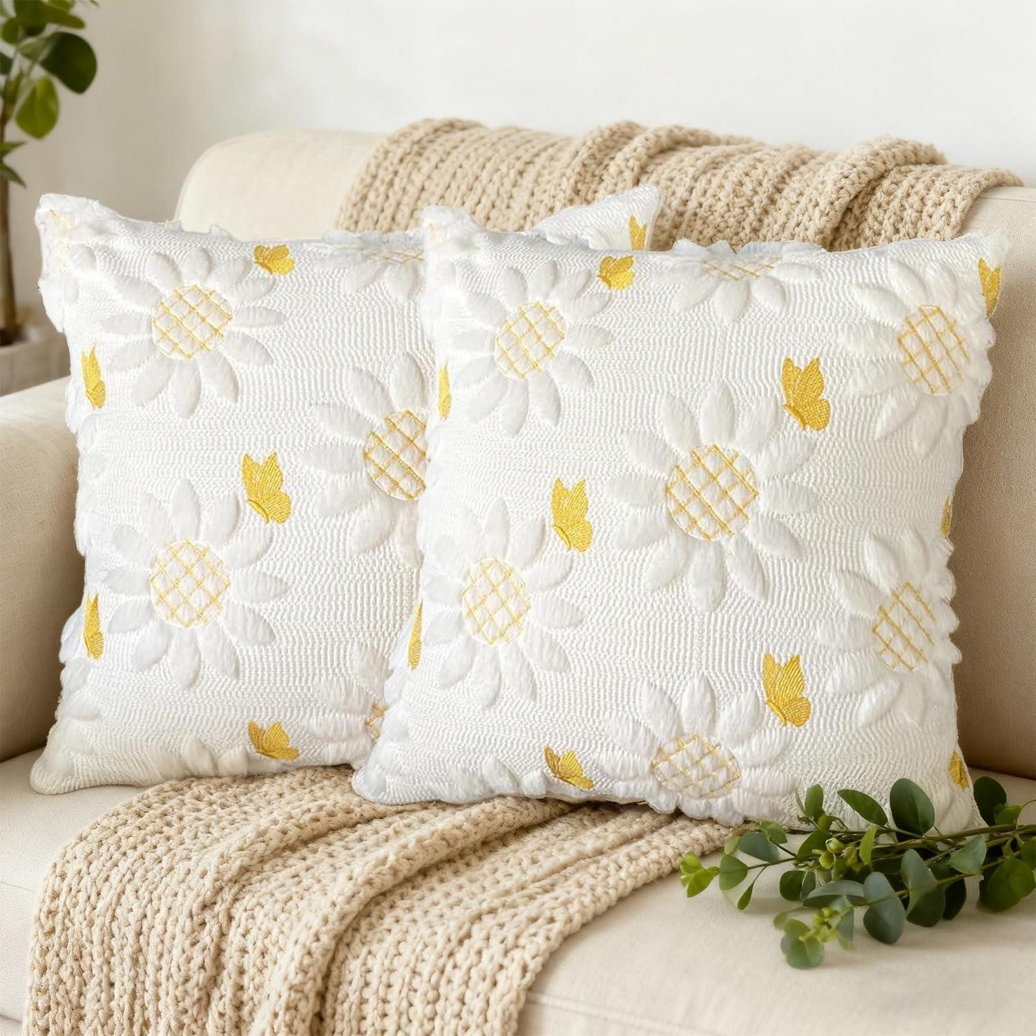 LuxusKollektion Kissenbezug Kissenbezug 40x40 cm 2er Set Blumen/Sonnenblume weiß, (2 Stück)