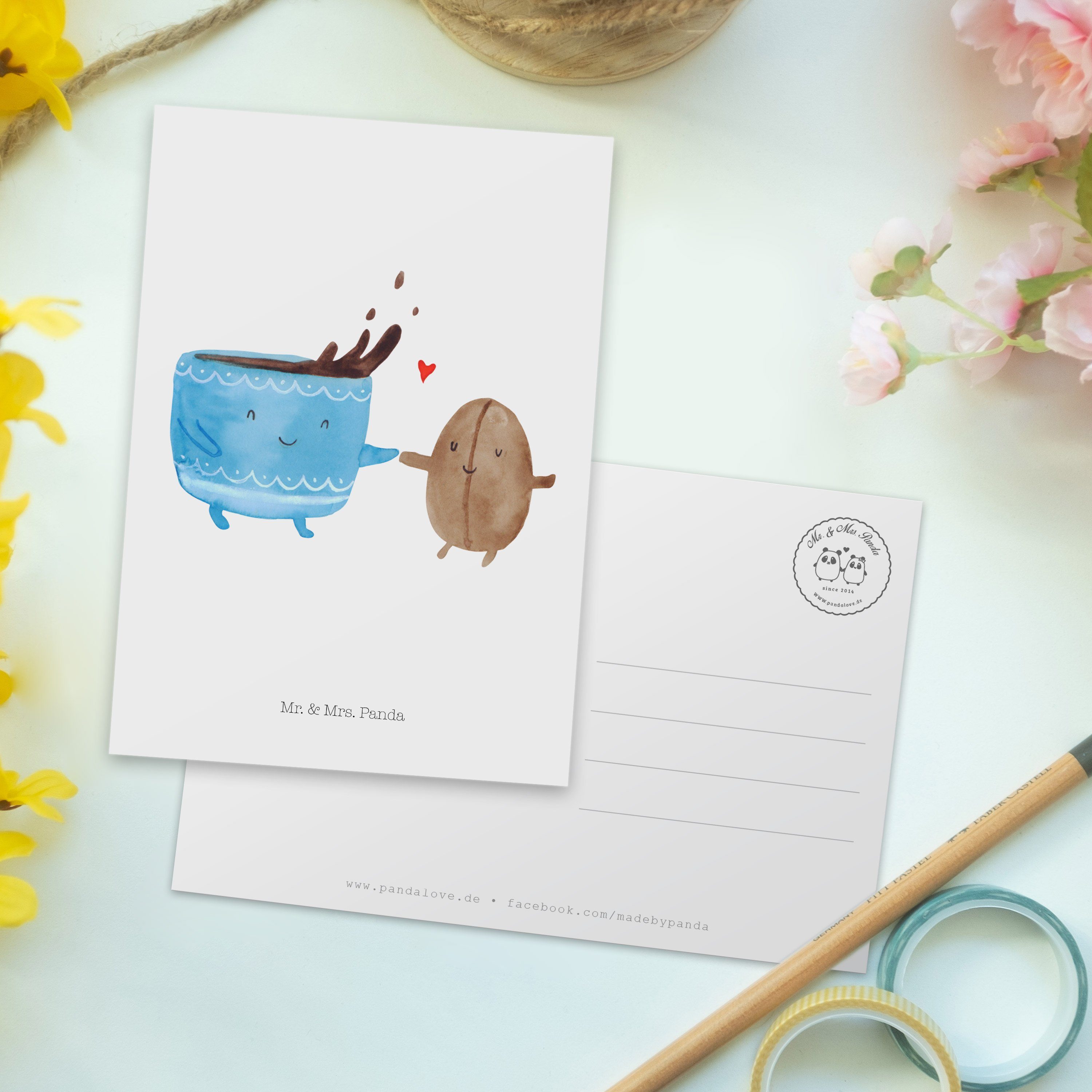 Mr. & Mrs. Panda Postkarte - Einladung, Grußkarte, Tiermoti Karte, Weiß Kaffee Bohne - Geschenk