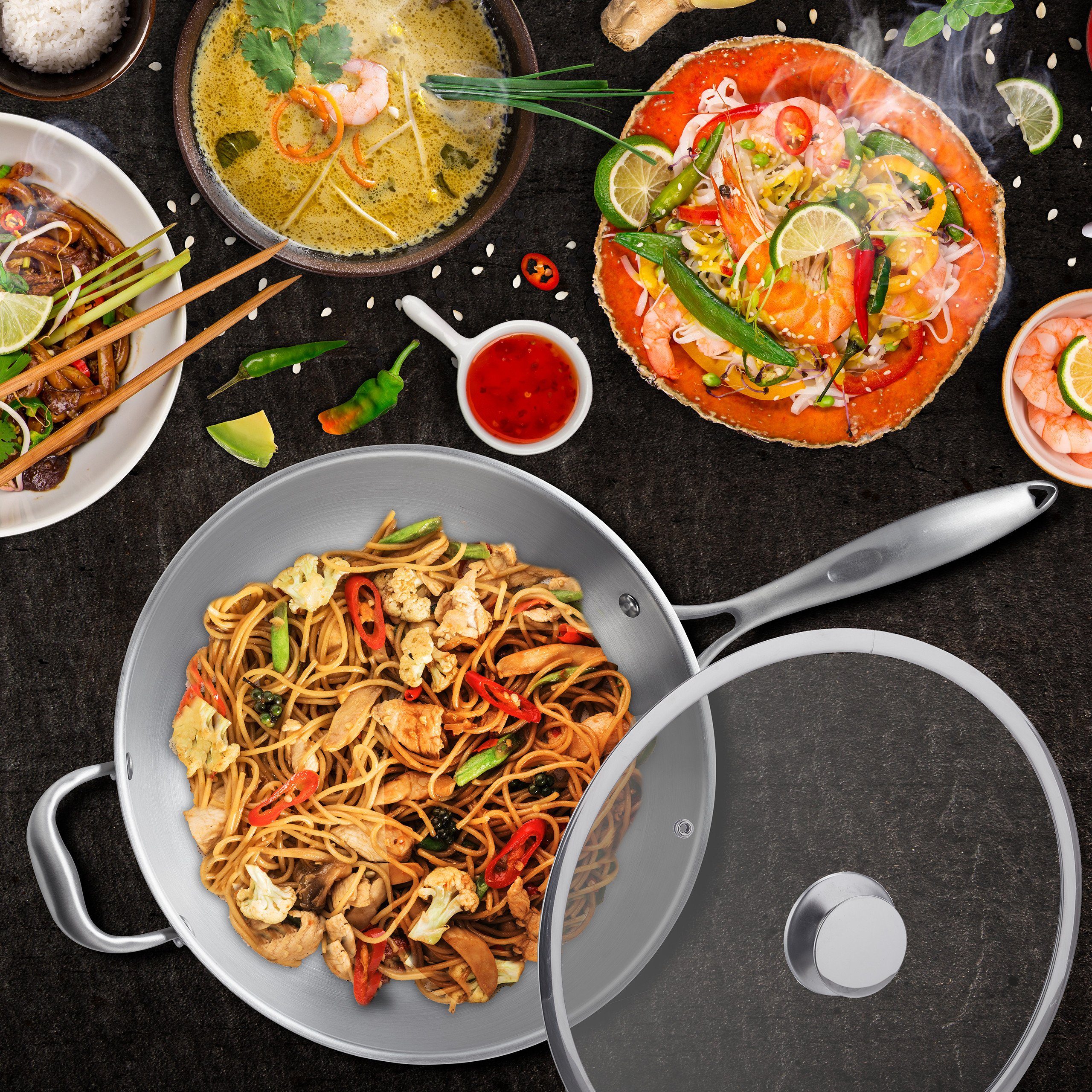 relaxdays Wok Edelstahl Wok mit Glasdeckel