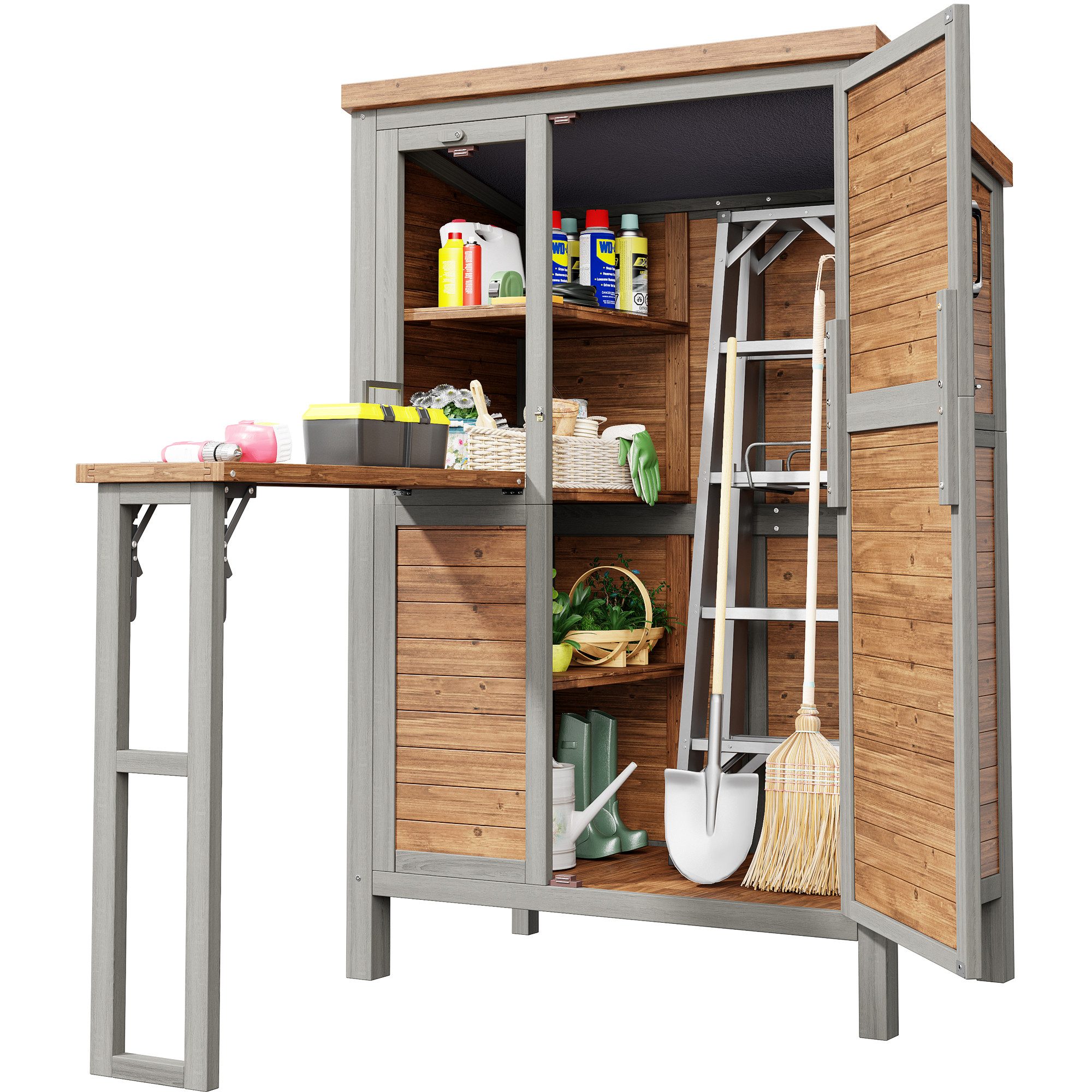OKWISH Werkzeugschrank Gartenschrank (mit ausklappbarer Arbeitsplatte, aus Tannenholz, mit verstellbaren Regalen, Haken & Sicherheitsverschluss, 1-St., 86*46*160cm)