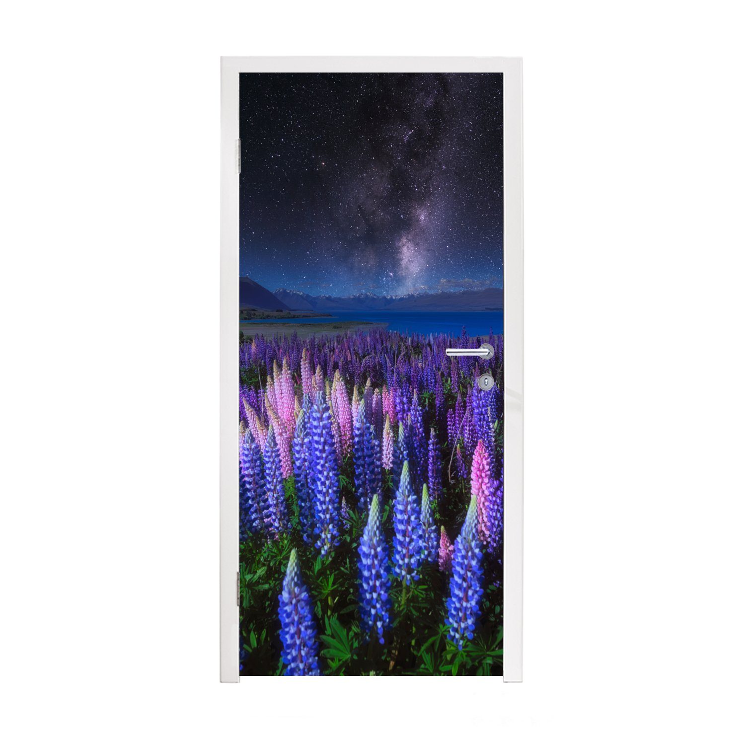 MuchoWow Türtapete Blumen - Nacht - Lupine - Sternenhimmel - Lila - Natur, Matt, bedruckt, (1 St), Fototapete für Tür, Türaufkleber, 75x205 cm