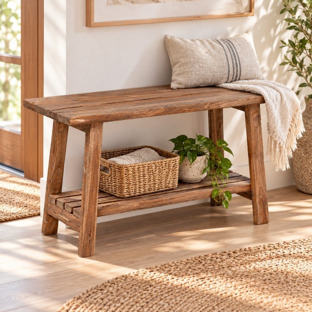 LebensWohnArt Sitzbank Massivholz Bank mit Ablage GENIUS 90cm Antik-Natural Schuhregal