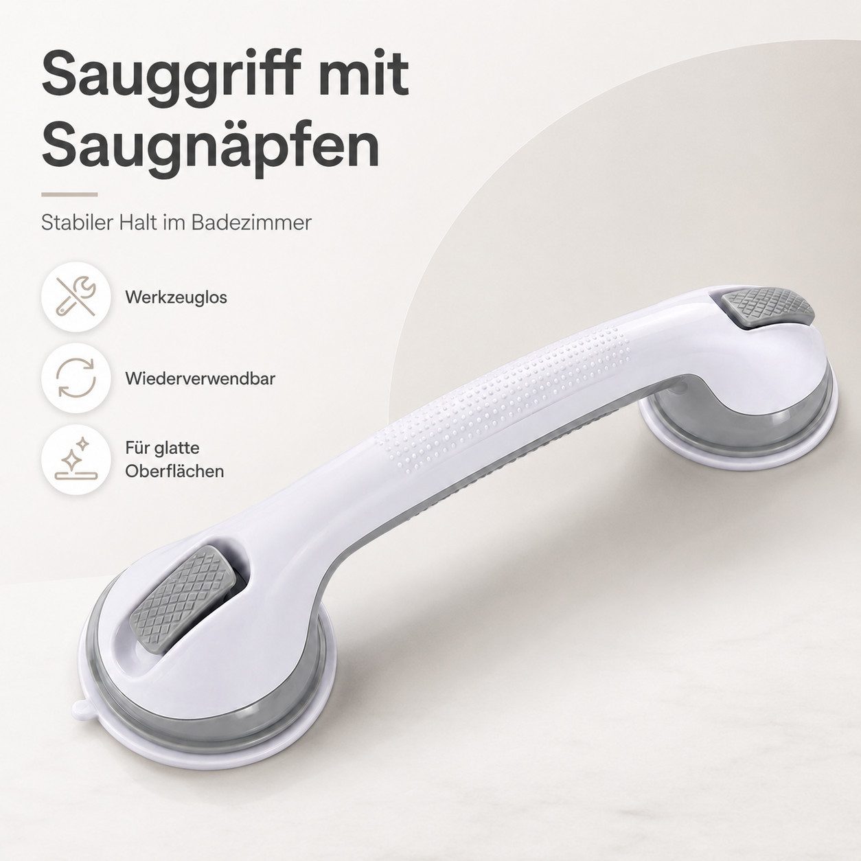 JASLIFE Haltegriff Haltegriff mit Saugnapf 42 cm, rutschfest, ohne Bohren für Bad & WC, Sicherer Halt auch bei Nässe, jederzeit abnehmbar