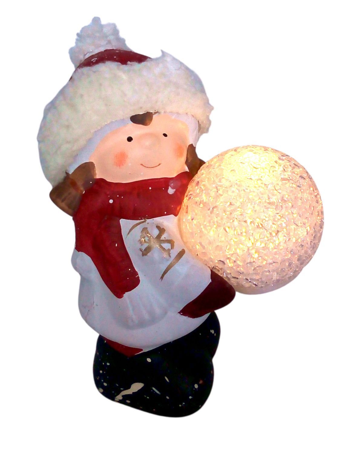 EDCO Dekofigur Keramik-Kinderfigur stehend weiß LED-Schneeball Dekofigur mit Weihnachtsdek