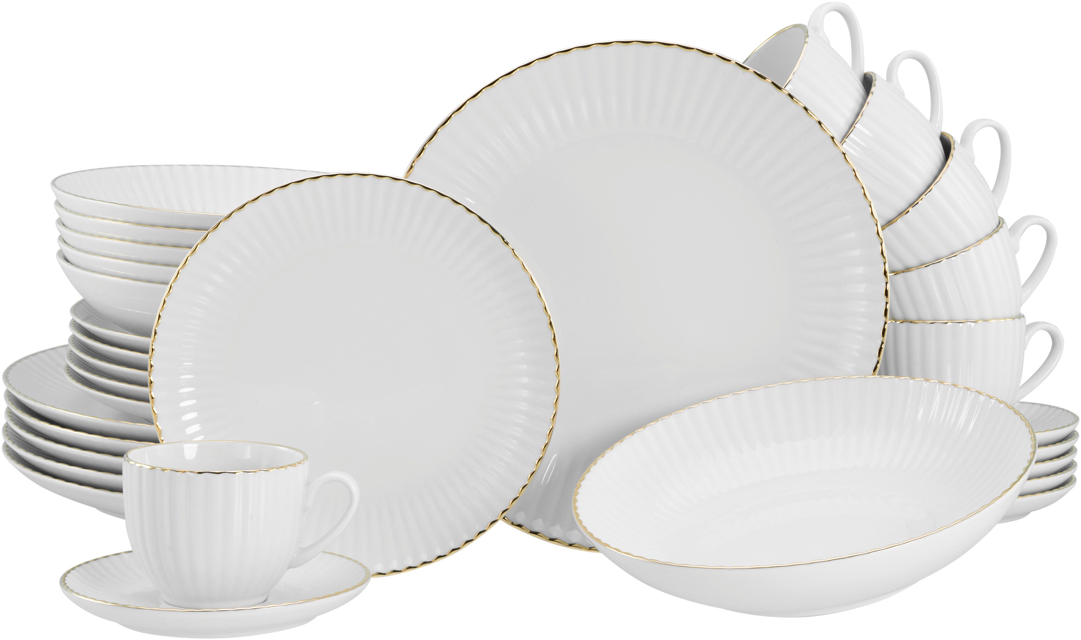 CreaTable Kombiservice Allegra Goldband, Service 30-tlg. (30-tlg), 6 Personen, Porzellan, Klassisch, Elegant, Von Hand gemalter Goldrand