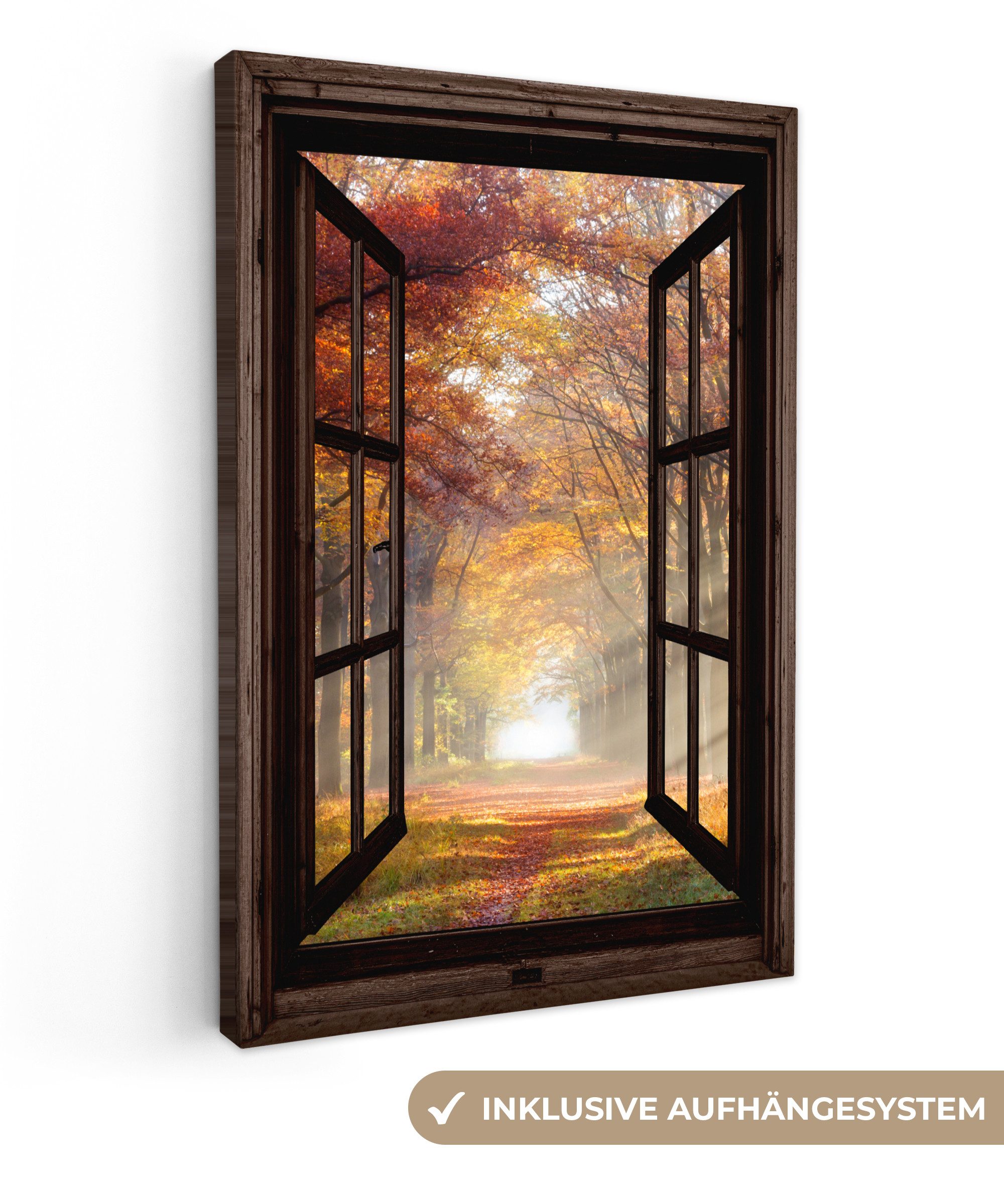 OneMillionCanvasses® Leinwandbild Herbst - Wald - Bäume - Natur - Fensterbl günstig online kaufen