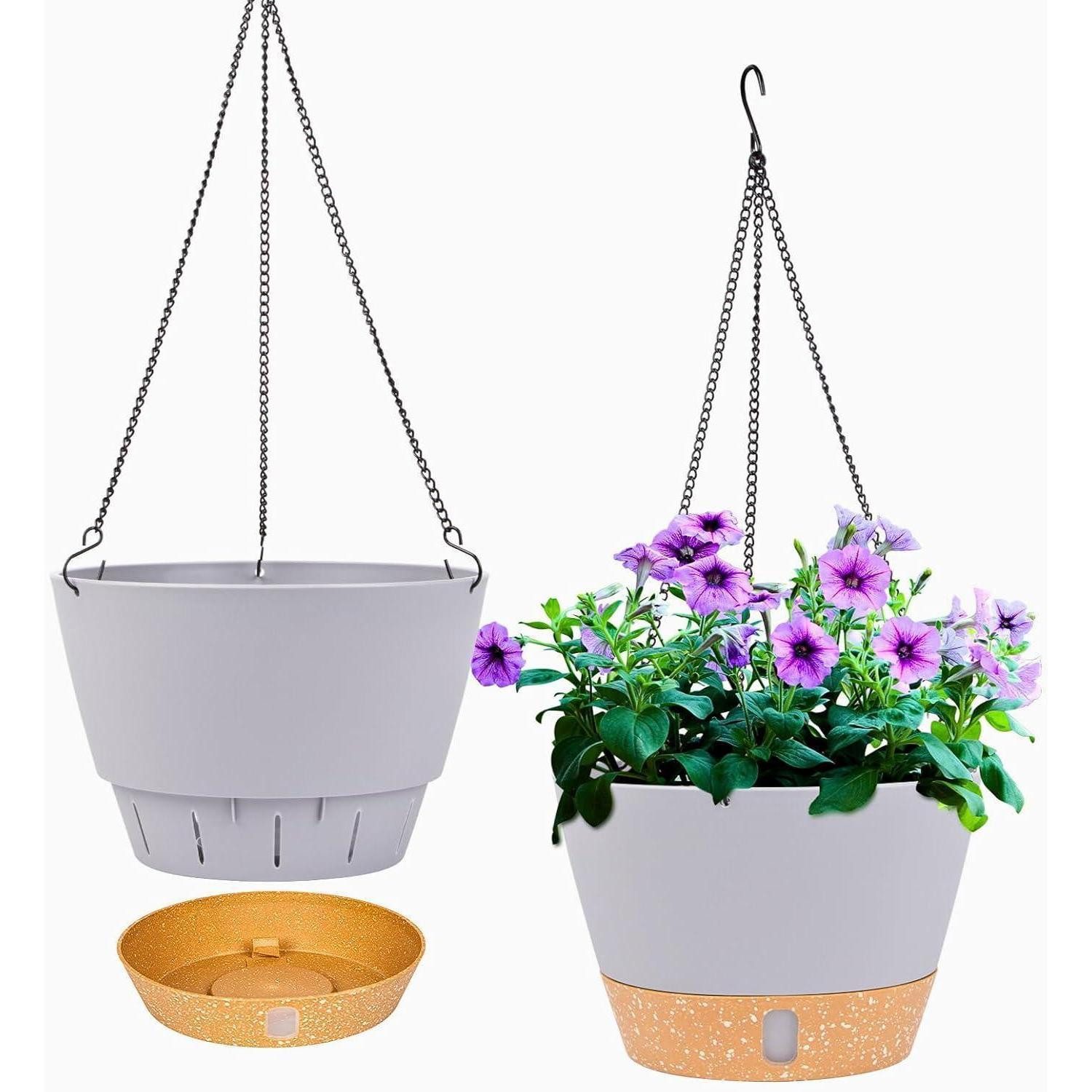 LuxusKollektion Blumentopf Hängende Pflanzgefäße 2er 25cm Korb Drainageloch 3 A+hellgrau 25.4CM
