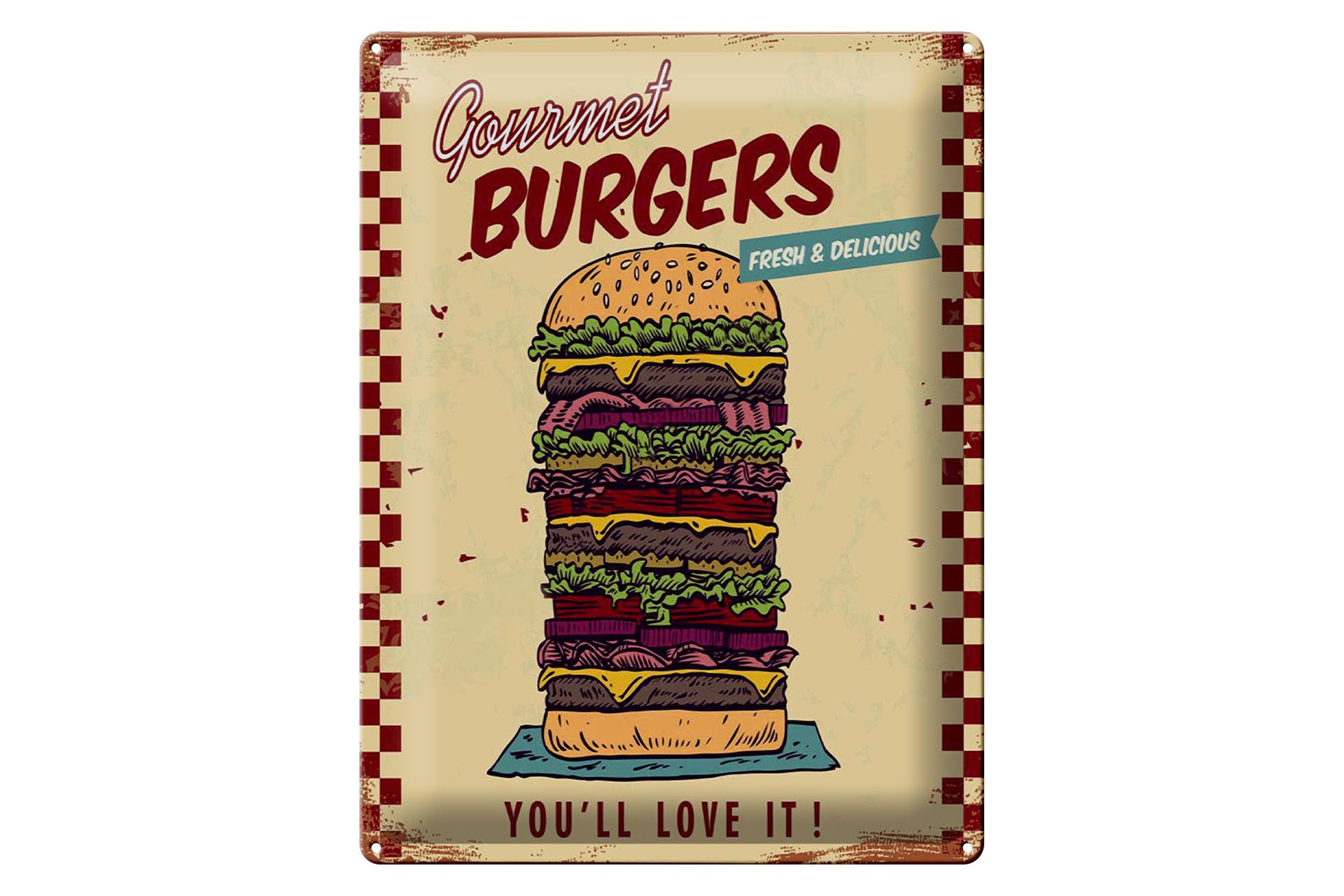 Femer GmbH Metallschild Reklame 30x40 cm Gourmet Burgers, (1 St), gewölbte Oberfläche, abgerundete Ecken, umgeschlagene Kanten
